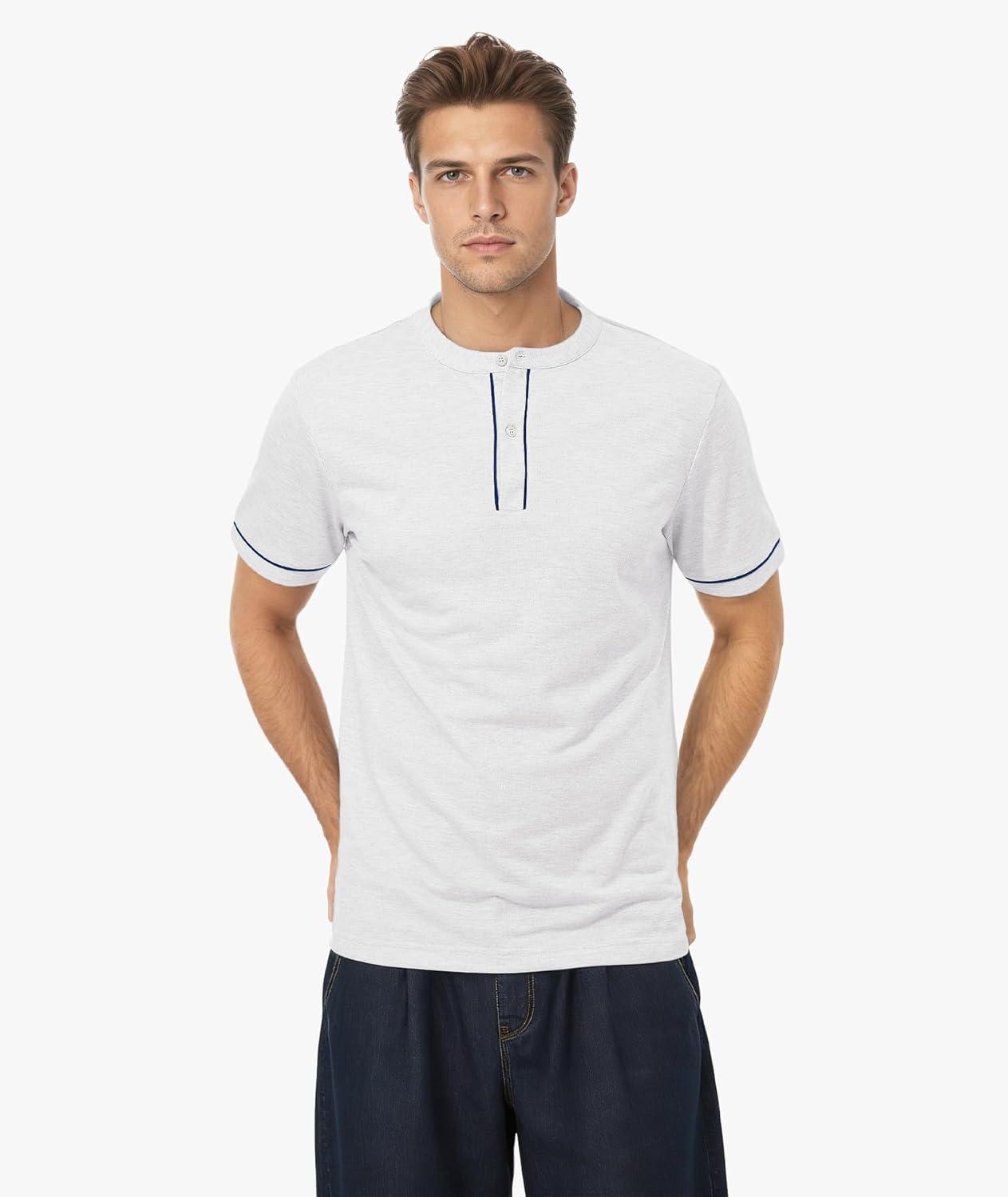imageMens Henley Short Sleeve Shirts Button Shirt Casual Fashion Soft Lightweight Vintage Regular Fit Summer TShirt TopsWhite