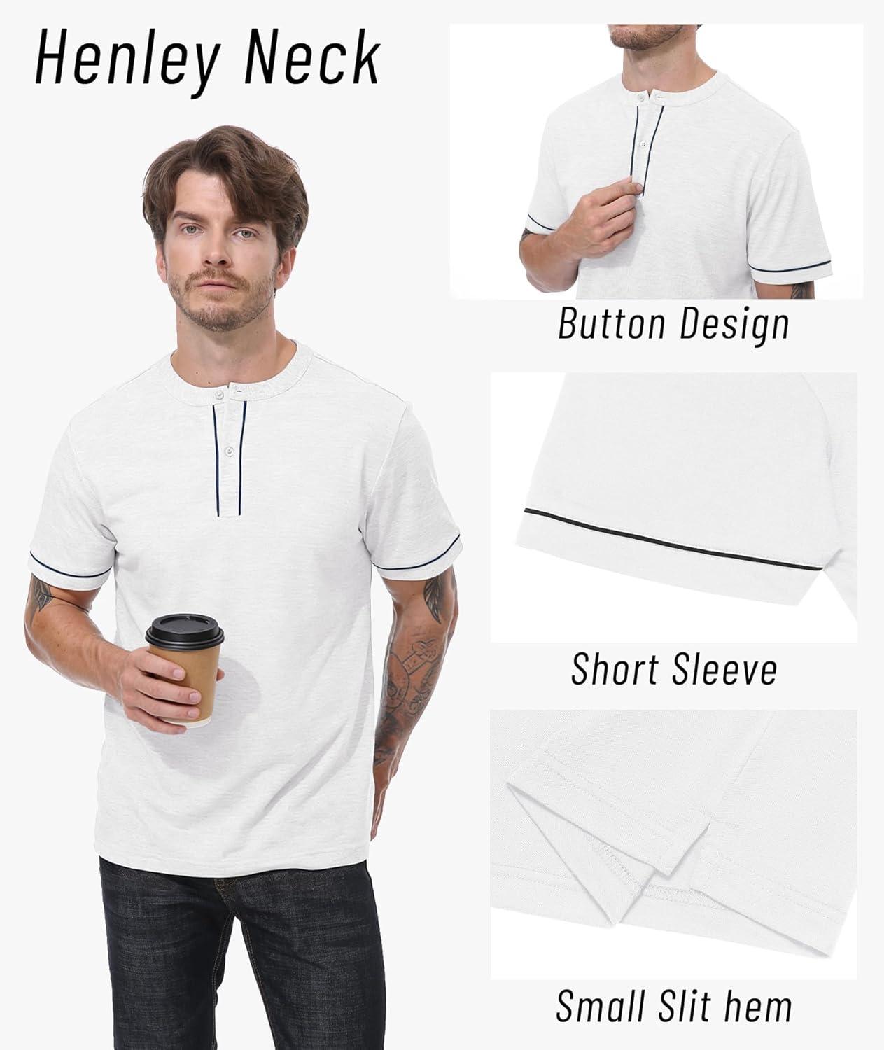 imageMens Henley Short Sleeve Shirts Button Shirt Casual Fashion Soft Lightweight Vintage Regular Fit Summer TShirt TopsWhite
