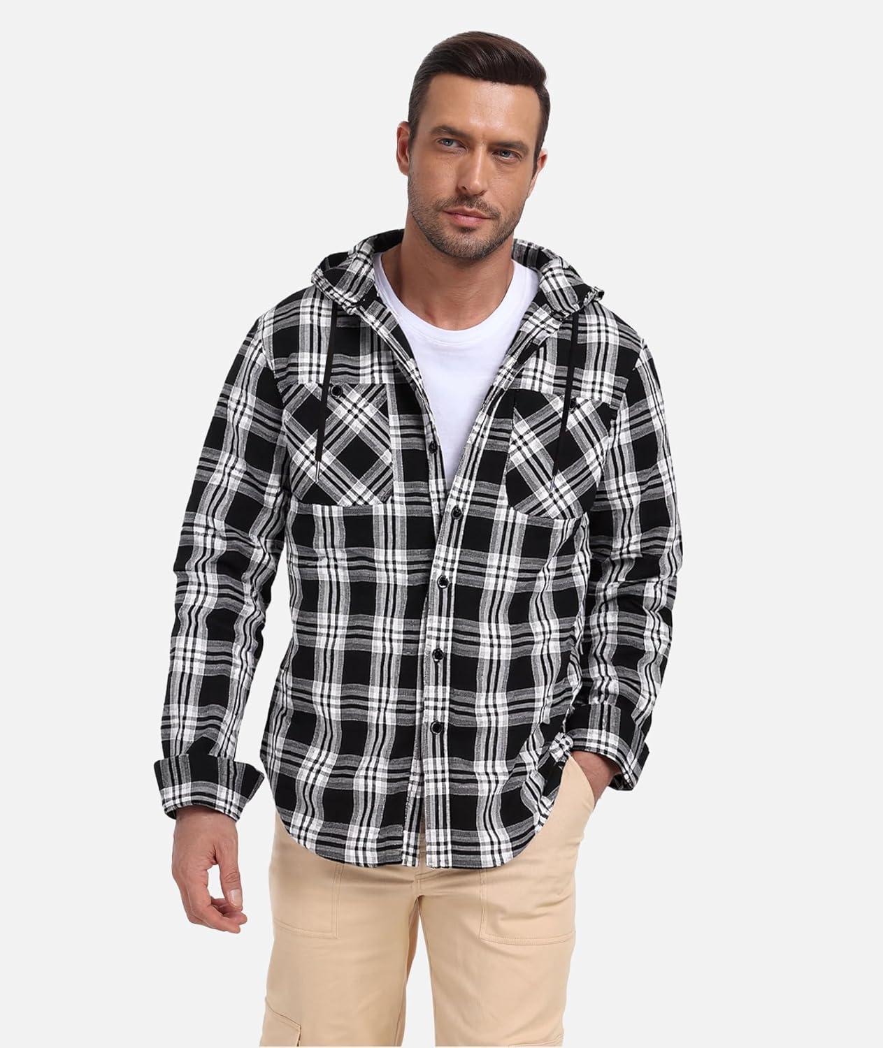 imageMens Hooded Flannel Shirts Hoodie Shirt Lightweight Long Sleeve Casual Plaid Button Down Jackets Stylish with PocketBlack Grey