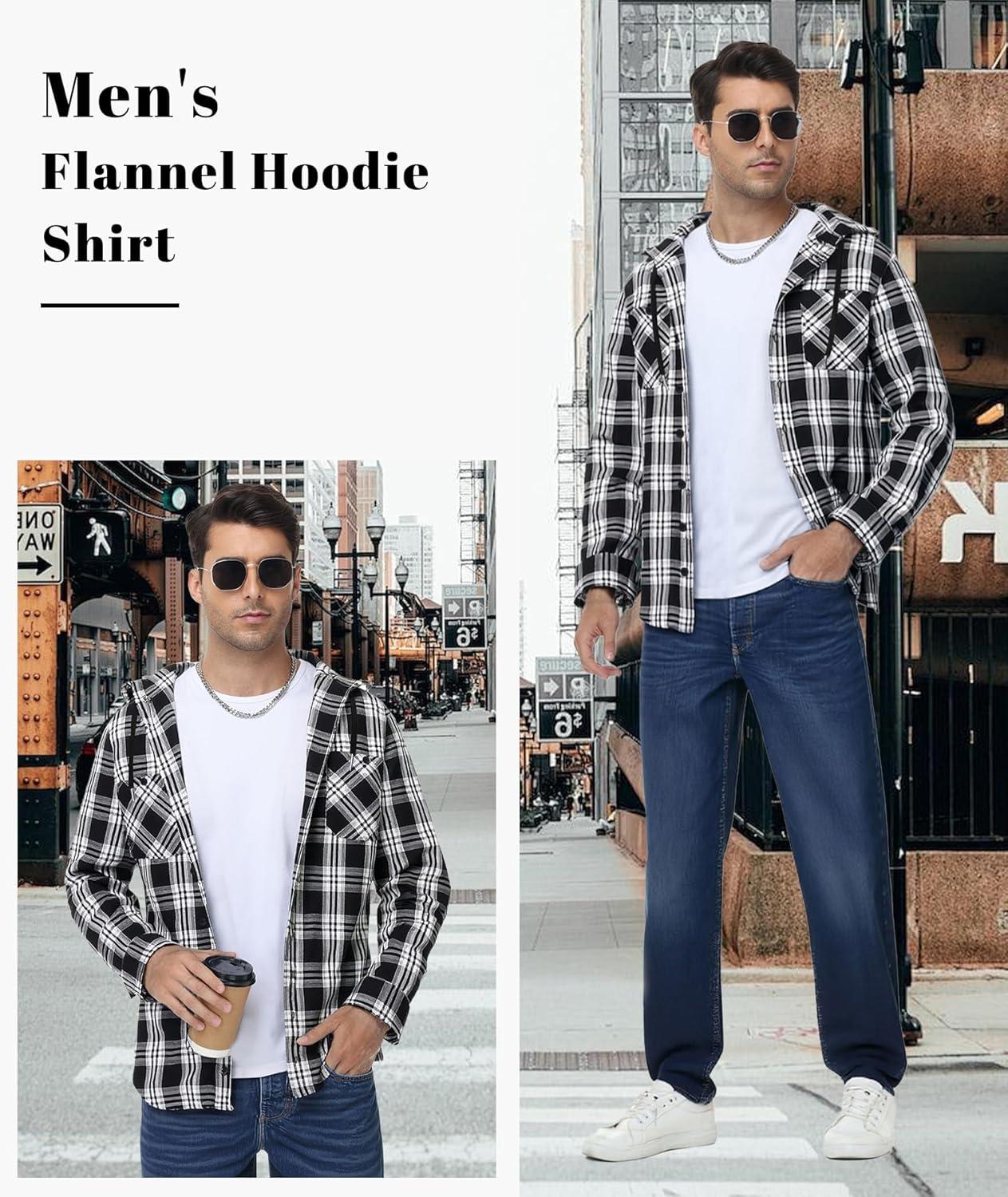 imageMens Hooded Flannel Shirts Hoodie Shirt Lightweight Long Sleeve Casual Plaid Button Down Jackets Stylish with PocketBlack Grey