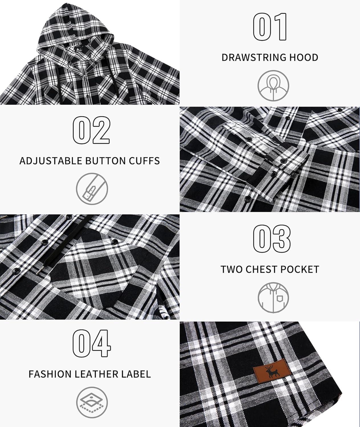 imageMens Hooded Flannel Shirts Hoodie Shirt Lightweight Long Sleeve Casual Plaid Button Down Jackets Stylish with PocketBlack Grey