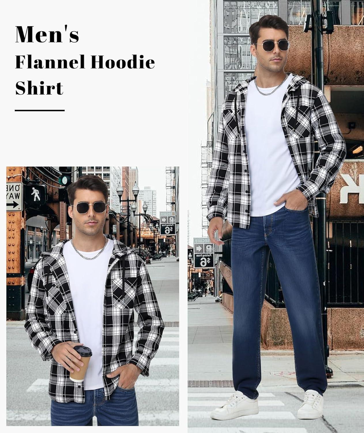 imageMens Hooded Flannel Shirts Hoodie Shirt Lightweight Long Sleeve Casual Plaid Button Down Jackets Stylish with PocketBlack White