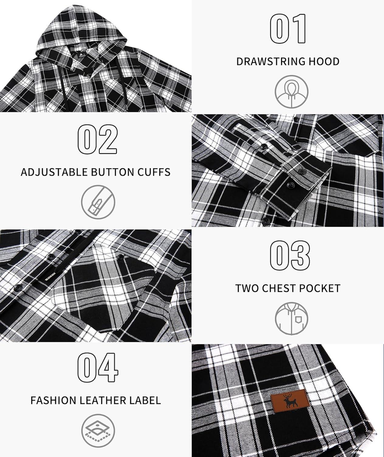 imageMens Hooded Flannel Shirts Hoodie Shirt Lightweight Long Sleeve Casual Plaid Button Down Jackets Stylish with PocketBlack White
