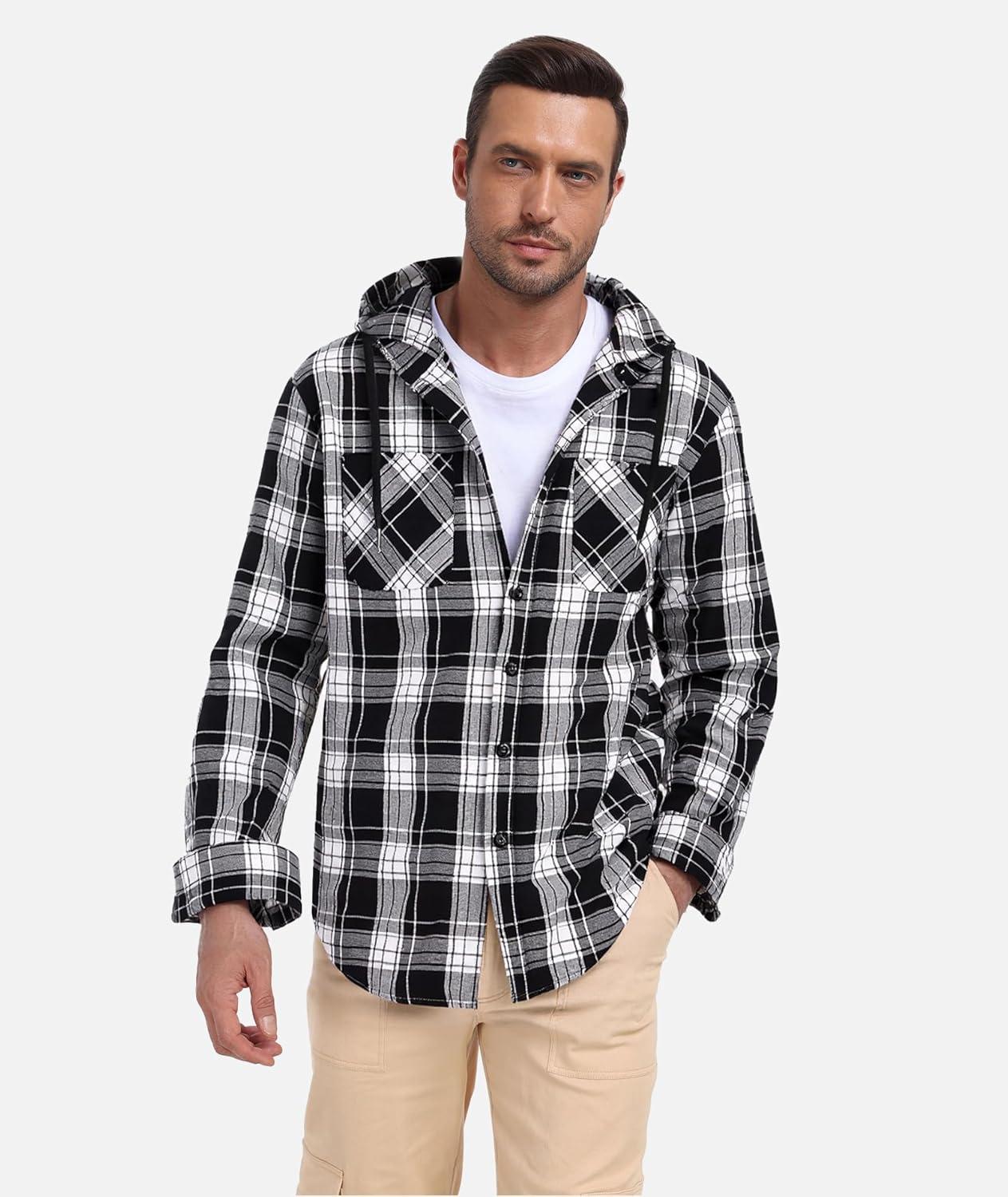 imageMens Hooded Flannel Shirts Hoodie Shirt Lightweight Long Sleeve Casual Plaid Button Down Jackets Stylish with PocketBlack White