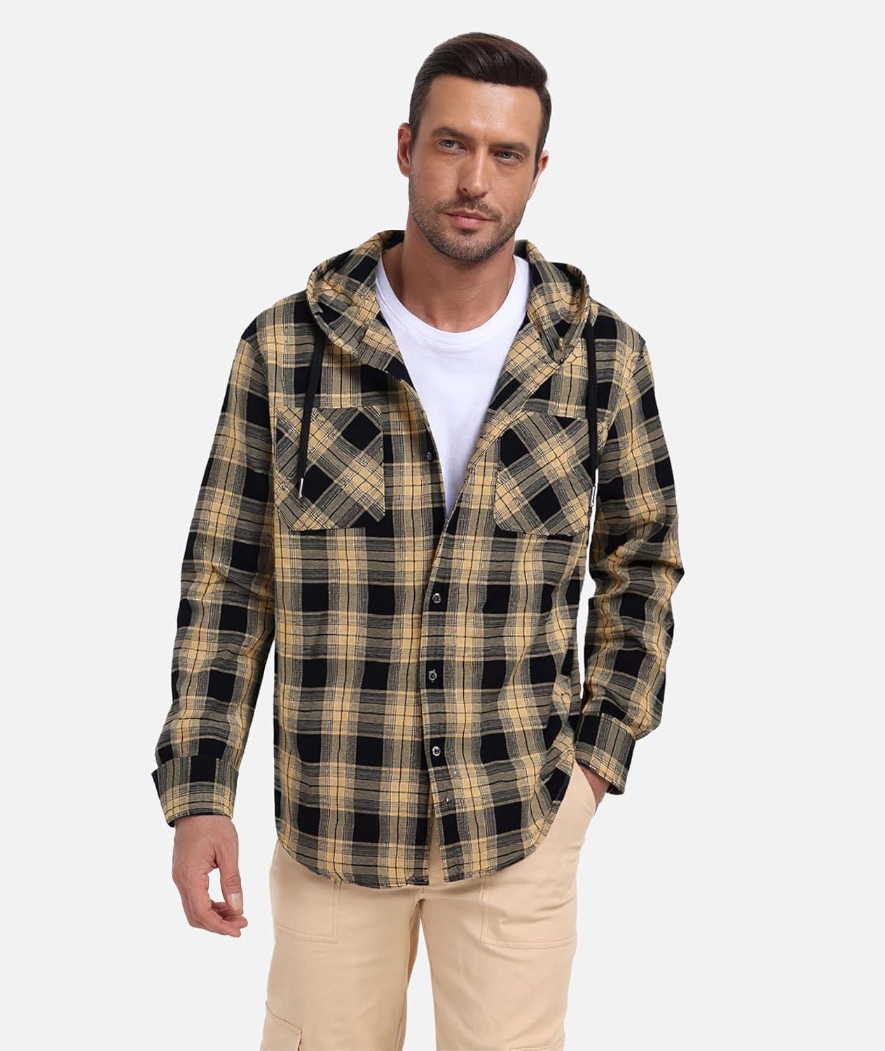 imageMens Hooded Flannel Shirts Hoodie Shirt Lightweight Long Sleeve Casual Plaid Button Down Jackets Stylish with PocketBlack Yellow
