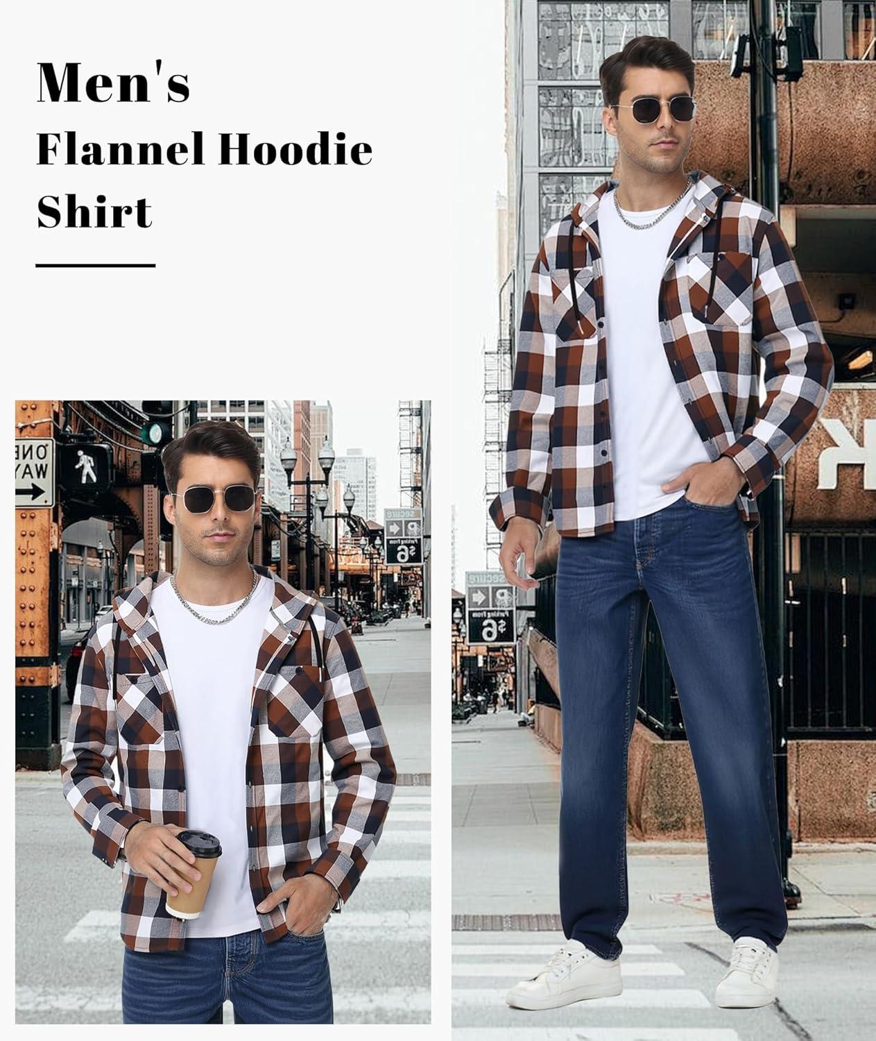 imageMens Hooded Flannel Shirts Hoodie Shirt Lightweight Long Sleeve Casual Plaid Button Down Jackets Stylish with PocketBrown Plaid