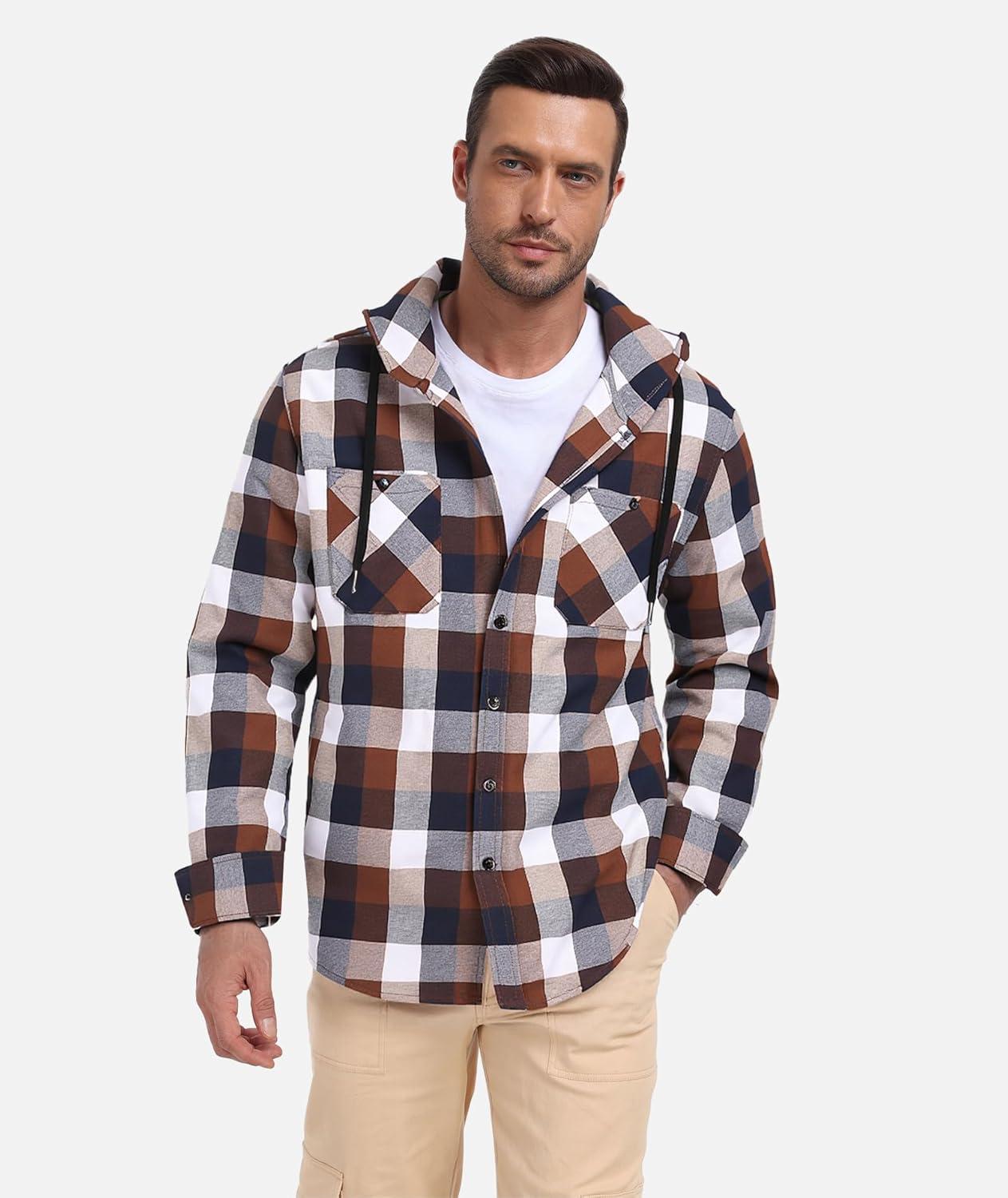 imageMens Hooded Flannel Shirts Hoodie Shirt Lightweight Long Sleeve Casual Plaid Button Down Jackets Stylish with PocketBrown Plaid