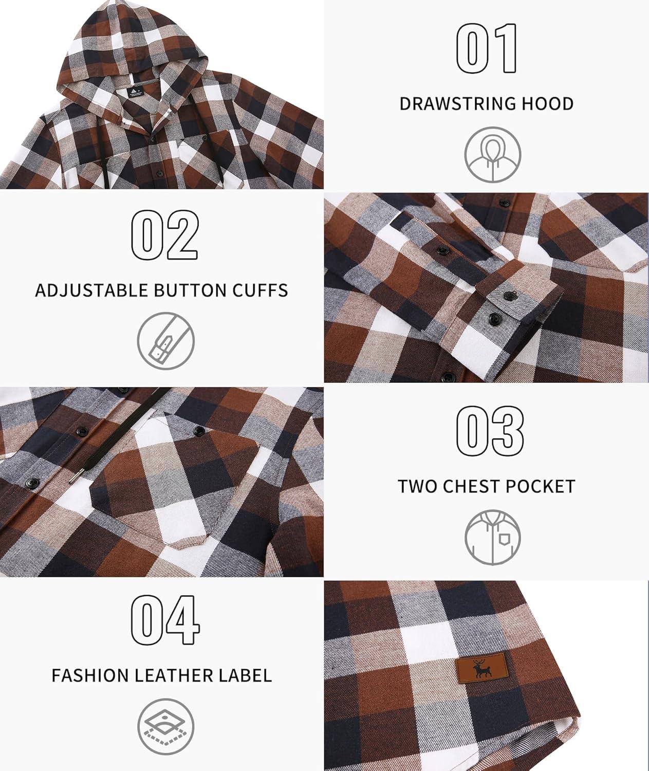 imageMens Hooded Flannel Shirts Hoodie Shirt Lightweight Long Sleeve Casual Plaid Button Down Jackets Stylish with PocketBrown Plaid