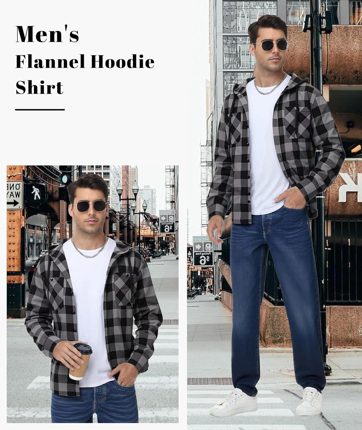imageMens Hooded Flannel Shirts Hoodie Shirt Lightweight Long Sleeve Casual Plaid Button Down Jackets Stylish with PocketDark Grey