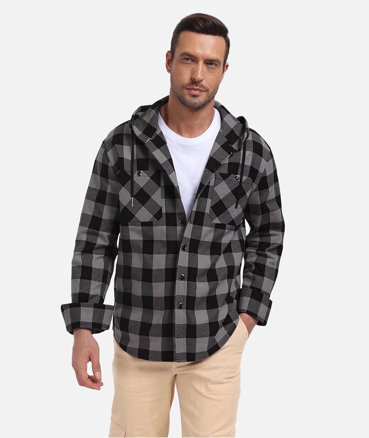 imageMens Hooded Flannel Shirts Hoodie Shirt Lightweight Long Sleeve Casual Plaid Button Down Jackets Stylish with PocketDark Grey