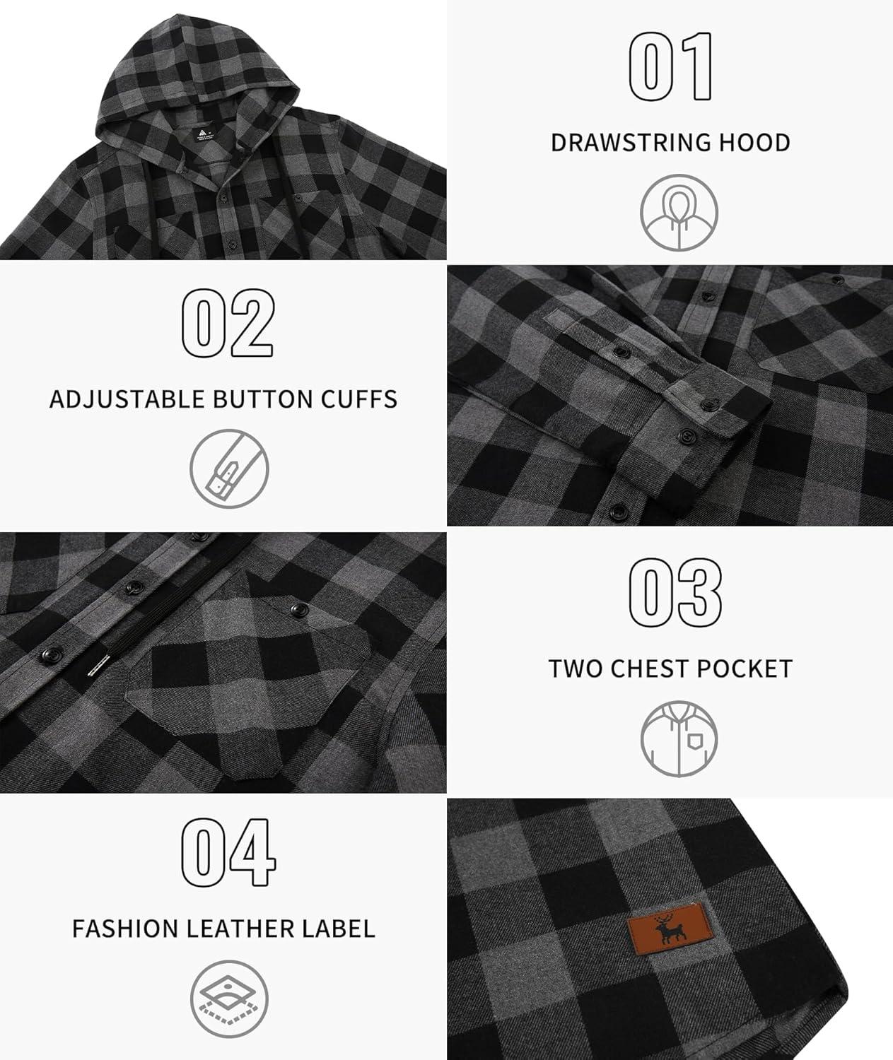 imageMens Hooded Flannel Shirts Hoodie Shirt Lightweight Long Sleeve Casual Plaid Button Down Jackets Stylish with PocketDark Grey