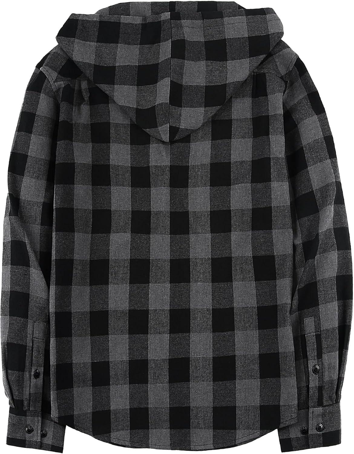 imageMens Hooded Flannel Shirts Hoodie Shirt Lightweight Long Sleeve Casual Plaid Button Down Jackets Stylish with PocketDark Grey