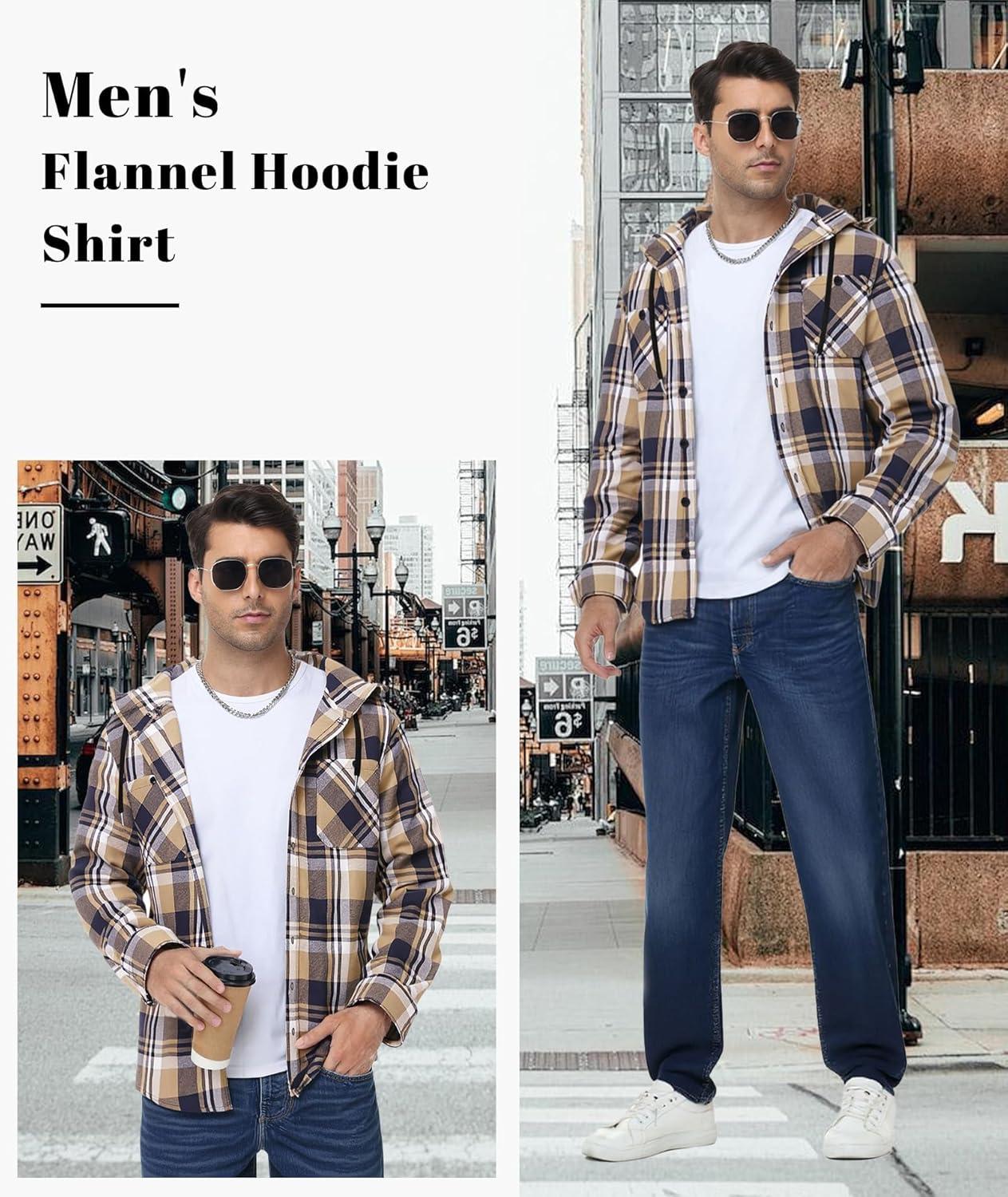 imageMens Hooded Flannel Shirts Hoodie Shirt Lightweight Long Sleeve Casual Plaid Button Down Jackets Stylish with PocketNavy Beige