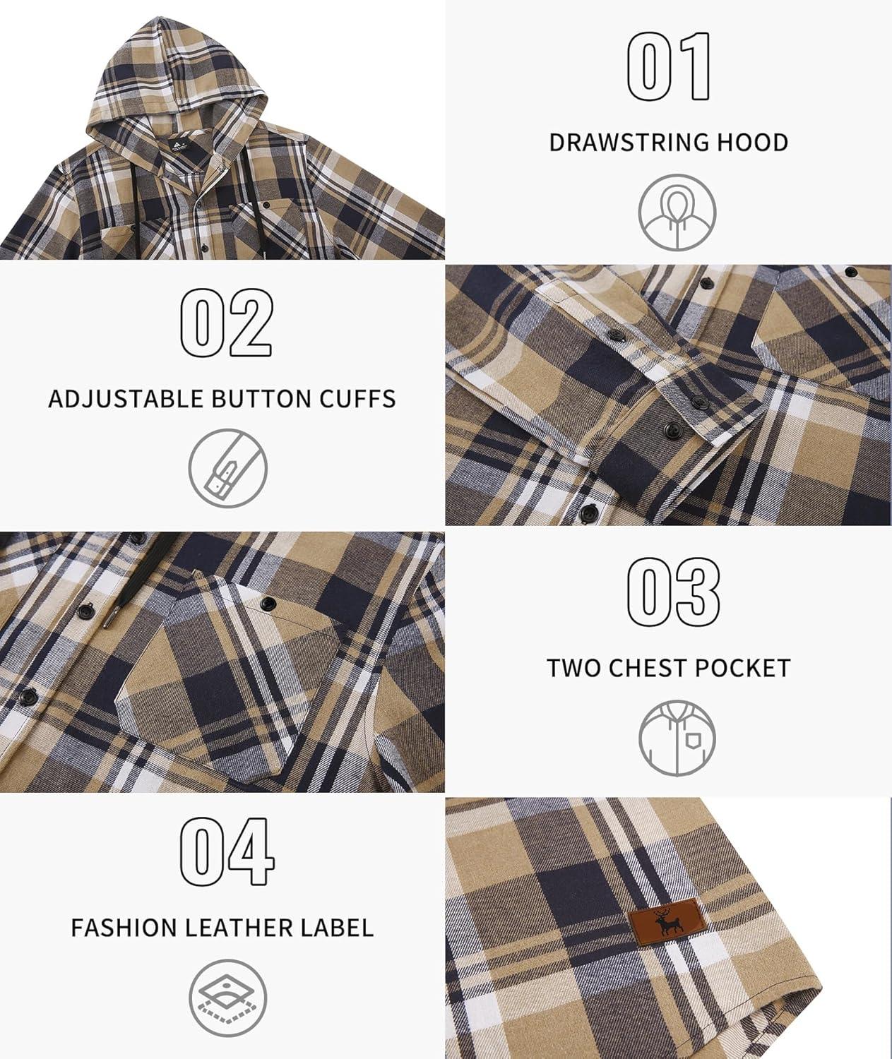 imageMens Hooded Flannel Shirts Hoodie Shirt Lightweight Long Sleeve Casual Plaid Button Down Jackets Stylish with PocketNavy Beige