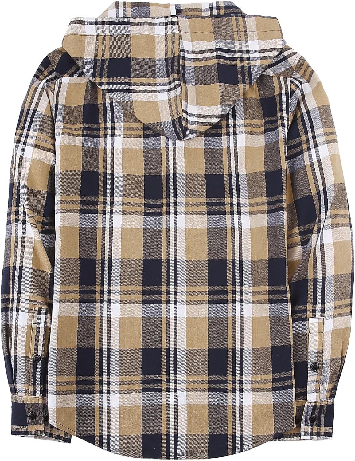 imageMens Hooded Flannel Shirts Hoodie Shirt Lightweight Long Sleeve Casual Plaid Button Down Jackets Stylish with PocketNavy Beige