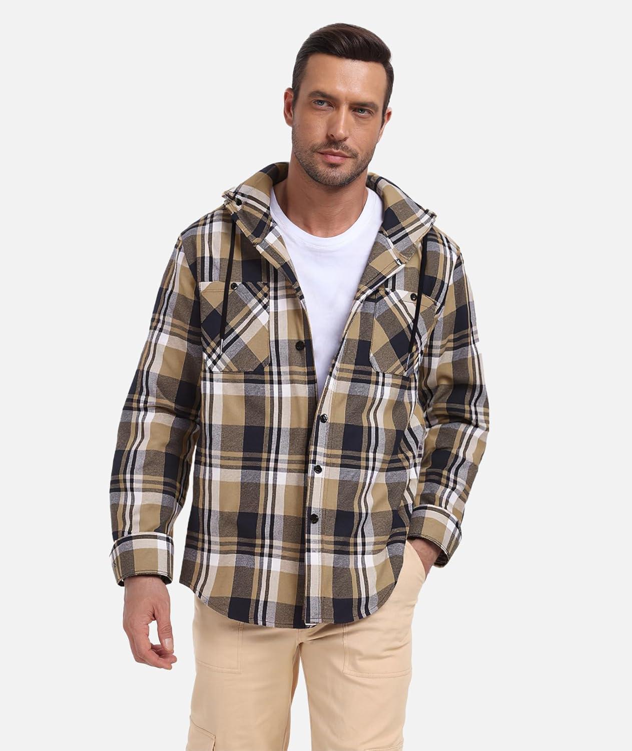 imageMens Hooded Flannel Shirts Hoodie Shirt Lightweight Long Sleeve Casual Plaid Button Down Jackets Stylish with PocketNavy Beige