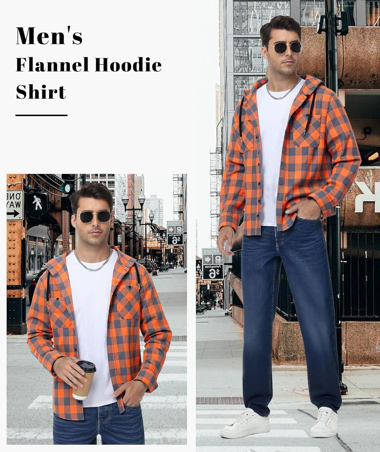 imageMens Hooded Flannel Shirts Hoodie Shirt Lightweight Long Sleeve Casual Plaid Button Down Jackets Stylish with PocketOrange