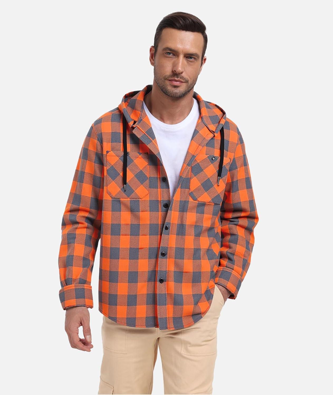 imageMens Hooded Flannel Shirts Hoodie Shirt Lightweight Long Sleeve Casual Plaid Button Down Jackets Stylish with PocketOrange