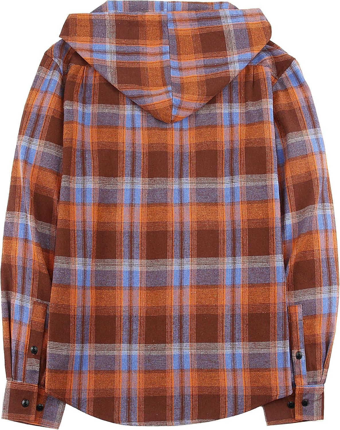 imageMens Hooded Flannel Shirts Hoodie Shirt Lightweight Long Sleeve Casual Plaid Button Down Jackets Stylish with PocketOrange Blue
