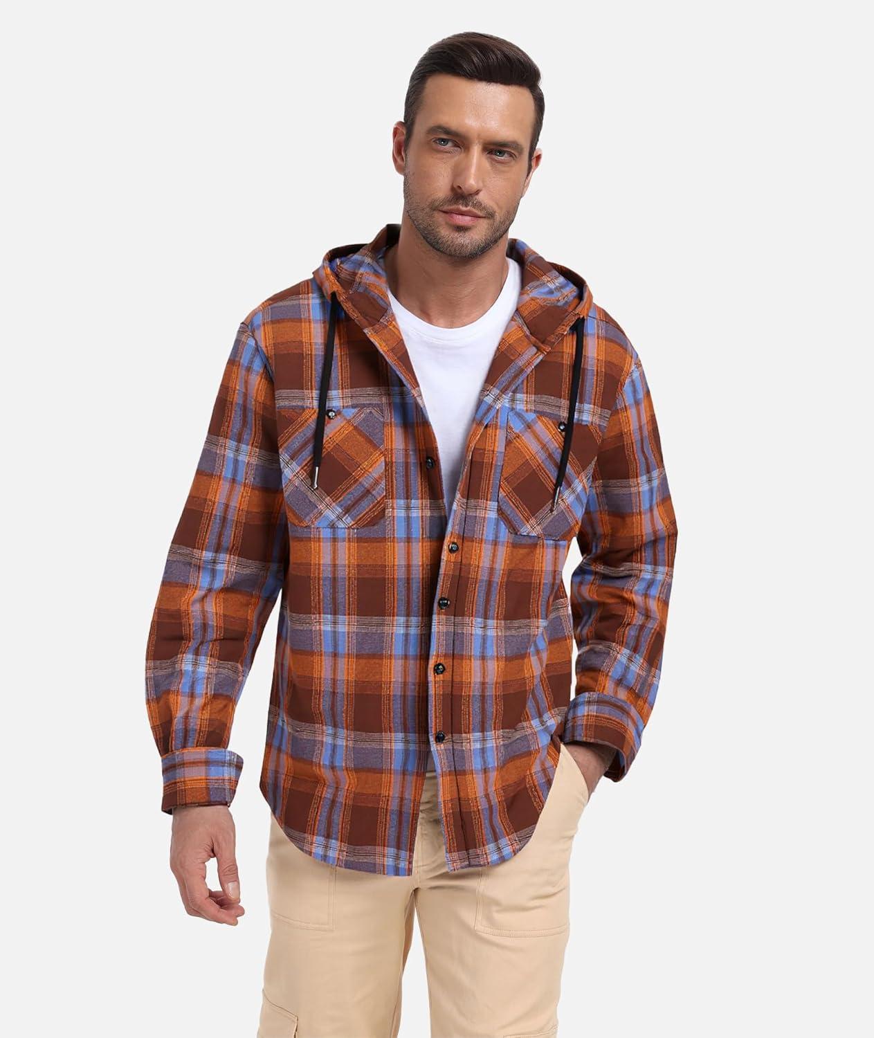 imageMens Hooded Flannel Shirts Hoodie Shirt Lightweight Long Sleeve Casual Plaid Button Down Jackets Stylish with PocketOrange Blue