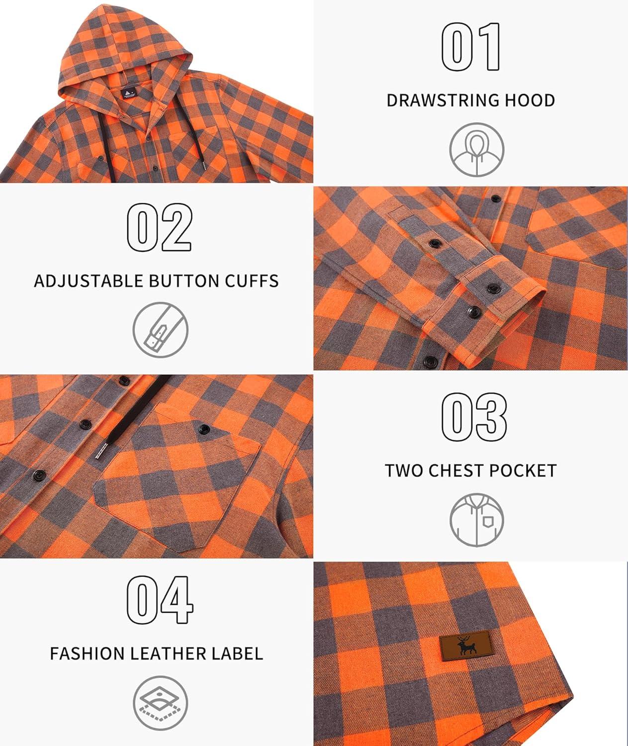 imageMens Hooded Flannel Shirts Hoodie Shirt Lightweight Long Sleeve Casual Plaid Button Down Jackets Stylish with PocketOrange Blue