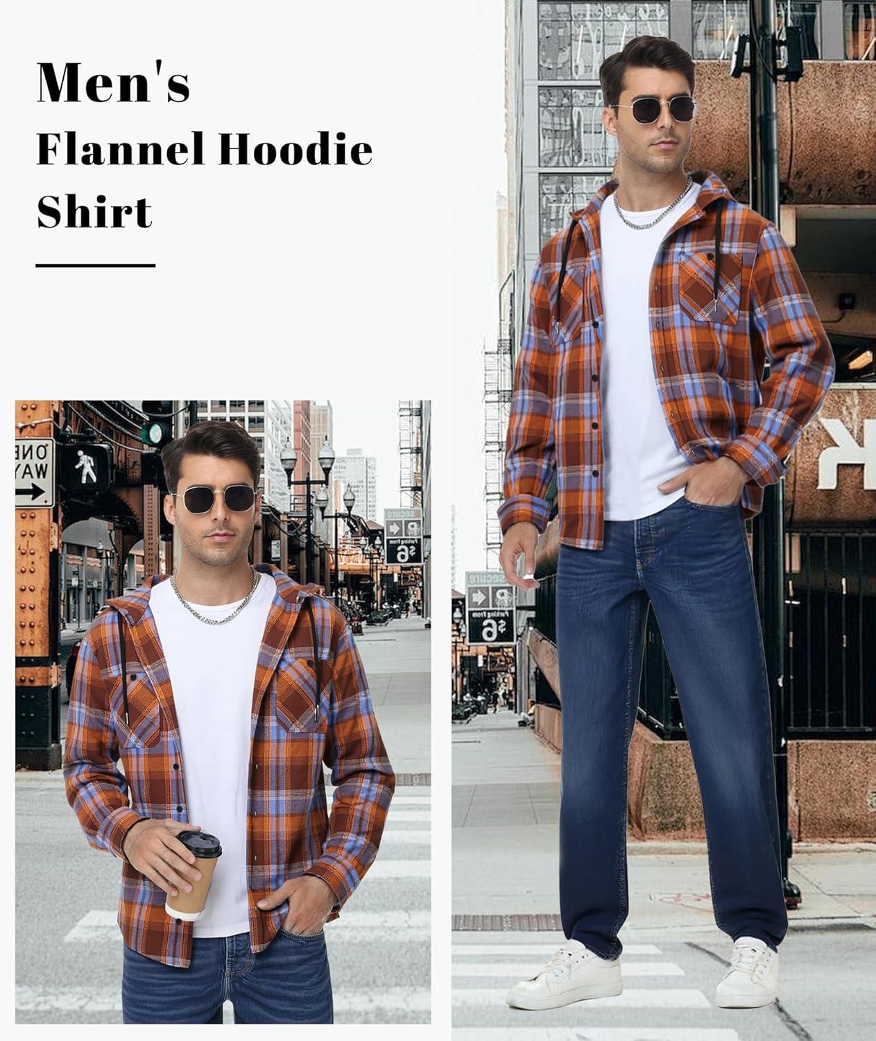 imageMens Hooded Flannel Shirts Hoodie Shirt Lightweight Long Sleeve Casual Plaid Button Down Jackets Stylish with PocketOrange Blue