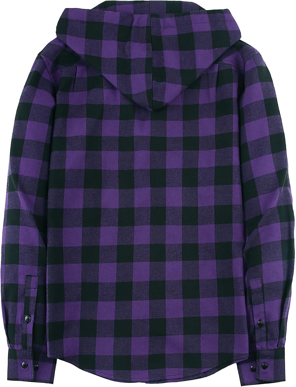 imageMens Hooded Flannel Shirts Hoodie Shirt Lightweight Long Sleeve Casual Plaid Button Down Jackets Stylish with PocketPurple