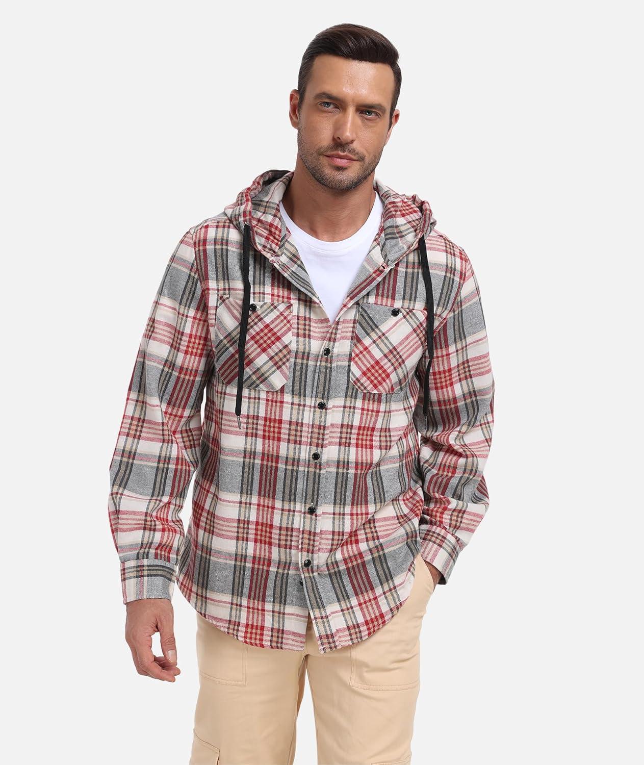 imageMens Hooded Flannel Shirts Hoodie Shirt Lightweight Long Sleeve Casual Plaid Button Down Jackets Stylish with PocketWine Red Plaid