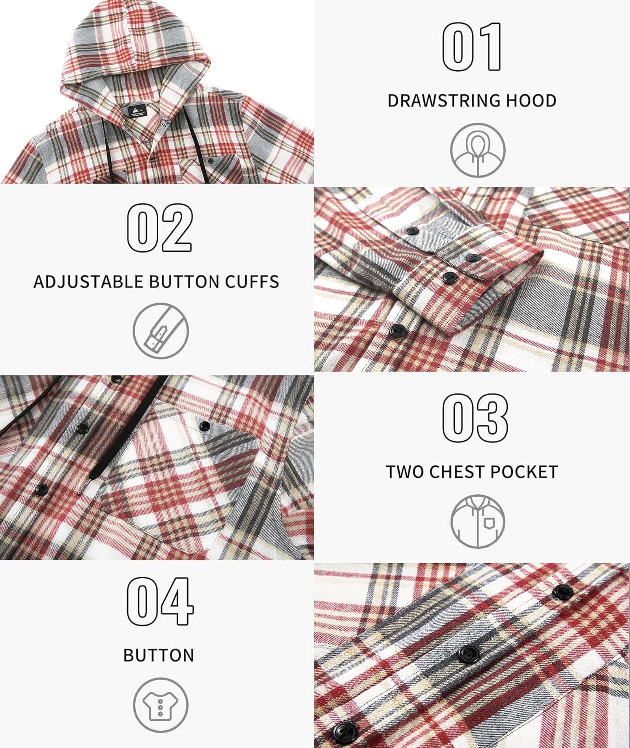 imageMens Hooded Flannel Shirts Hoodie Shirt Lightweight Long Sleeve Casual Plaid Button Down Jackets Stylish with PocketWine Red Plaid