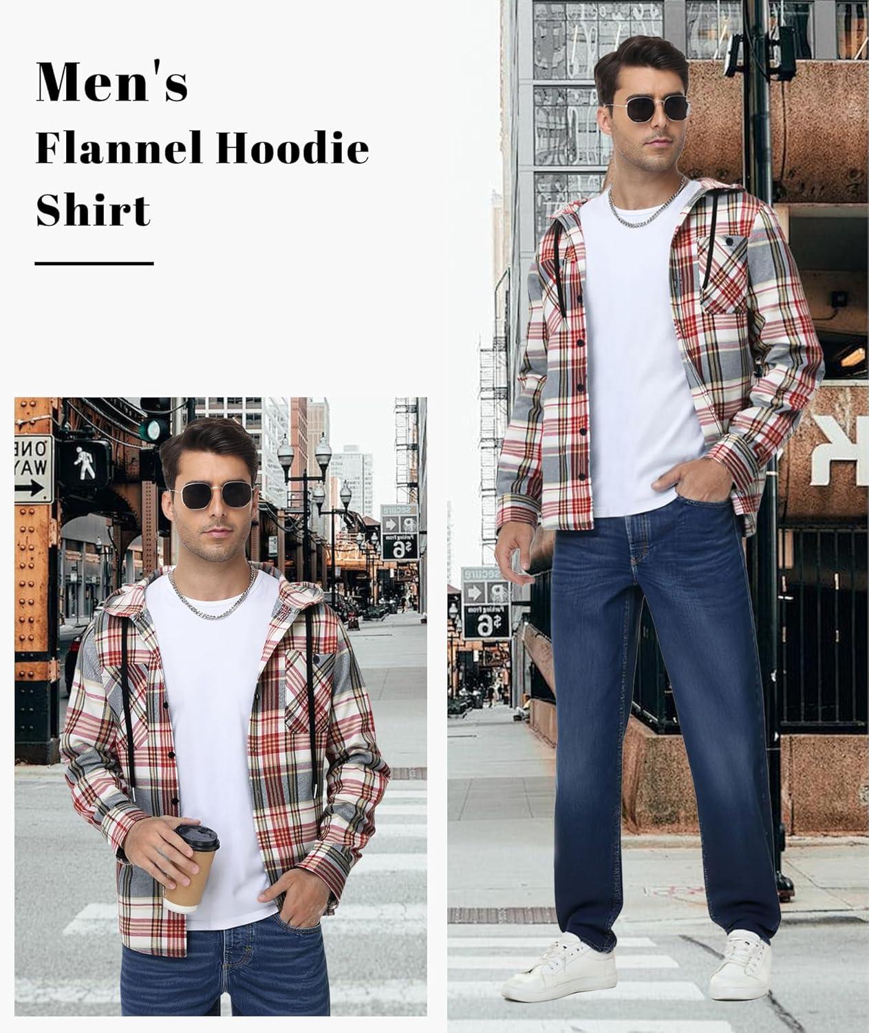 imageMens Hooded Flannel Shirts Hoodie Shirt Lightweight Long Sleeve Casual Plaid Button Down Jackets Stylish with PocketWine Red Plaid