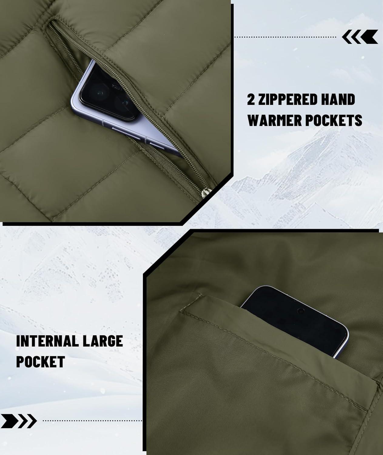 imageMens Hooded Puffer Jacket Lightweight Quilted Hoodie Winter Warm Water Resistant Zip Up Insulated Puffy CoatsArmy Green