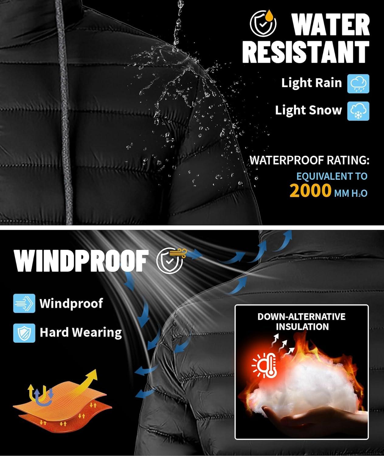imageMens Hooded Puffer Jacket Lightweight Quilted Hoodie Winter Warm Water Resistant Zip Up Insulated Puffy CoatsBlack