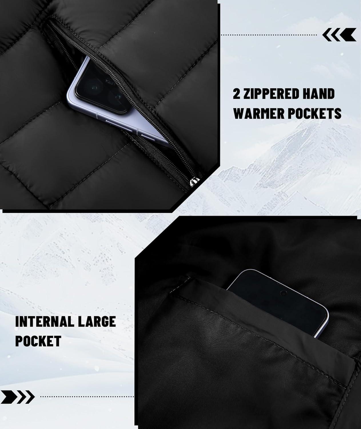 imageMens Hooded Puffer Jacket Lightweight Quilted Hoodie Winter Warm Water Resistant Zip Up Insulated Puffy CoatsBlack