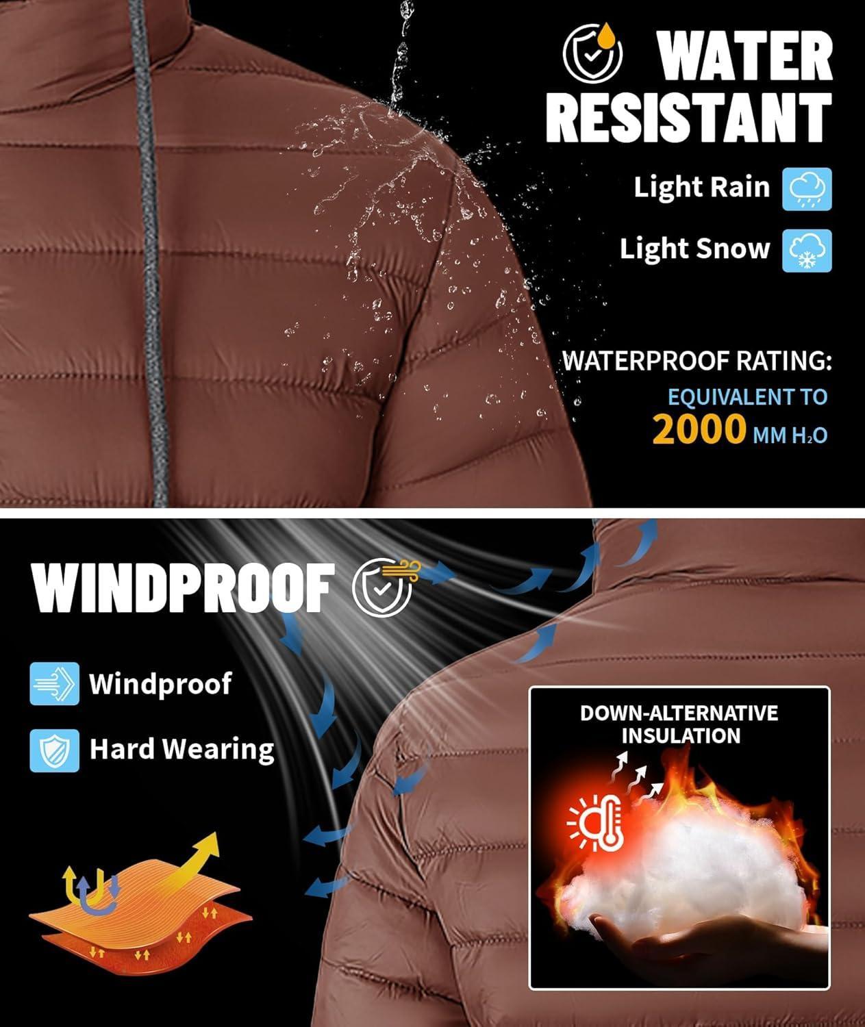 imageMens Hooded Puffer Jacket Lightweight Quilted Hoodie Winter Warm Water Resistant Zip Up Insulated Puffy CoatsBrown