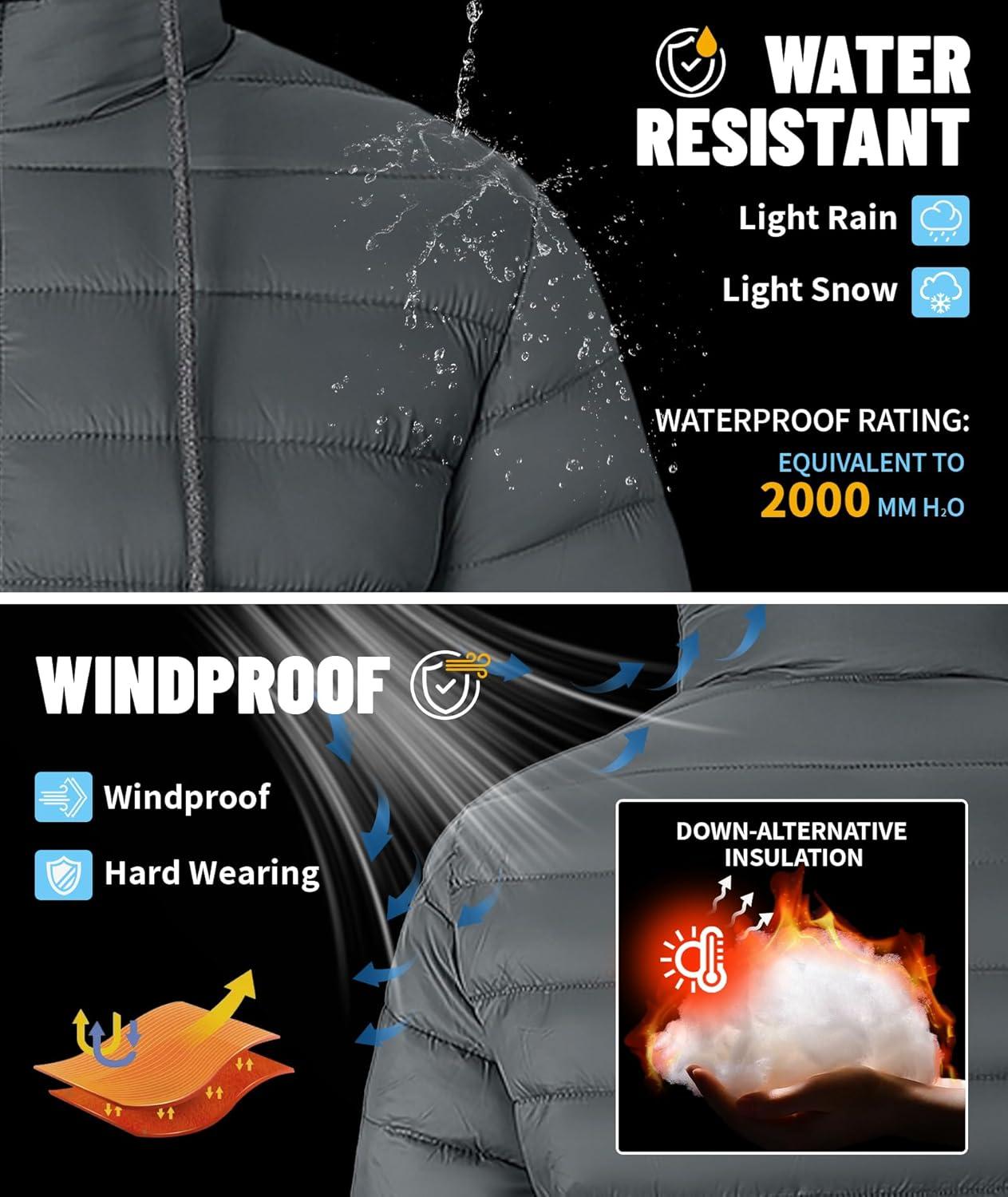 imageMens Hooded Puffer Jacket Lightweight Quilted Hoodie Winter Warm Water Resistant Zip Up Insulated Puffy CoatsDark Grey