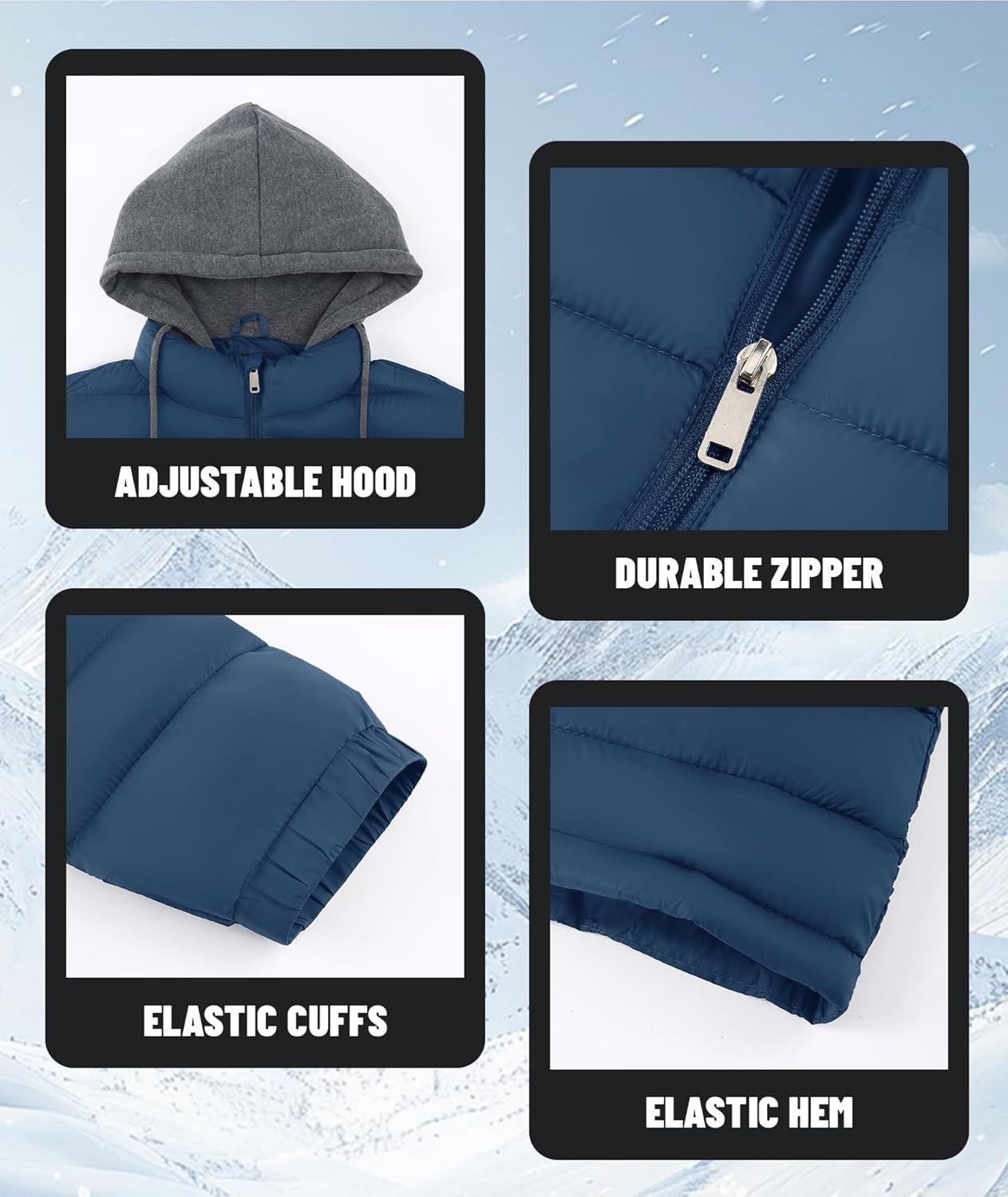 imageMens Hooded Puffer Jacket Lightweight Quilted Hoodie Winter Warm Water Resistant Zip Up Insulated Puffy CoatsNavy