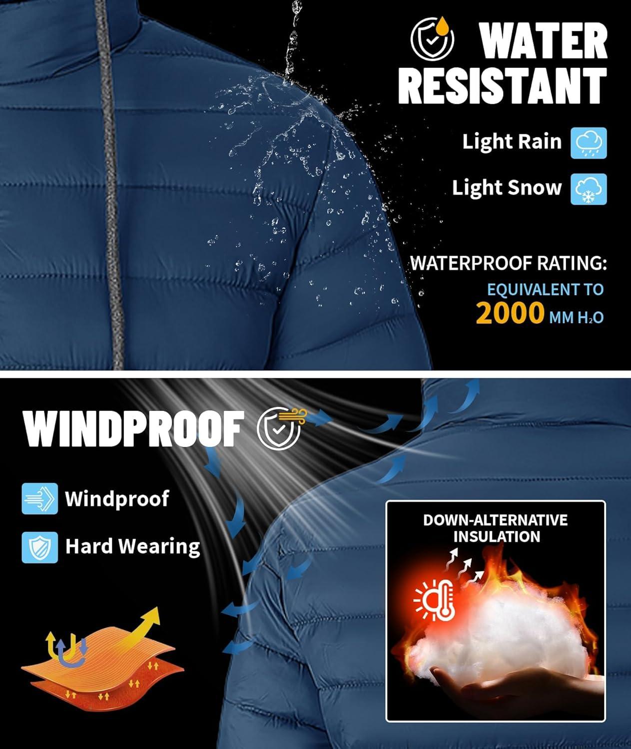 imageMens Hooded Puffer Jacket Lightweight Quilted Hoodie Winter Warm Water Resistant Zip Up Insulated Puffy CoatsNavy Blue