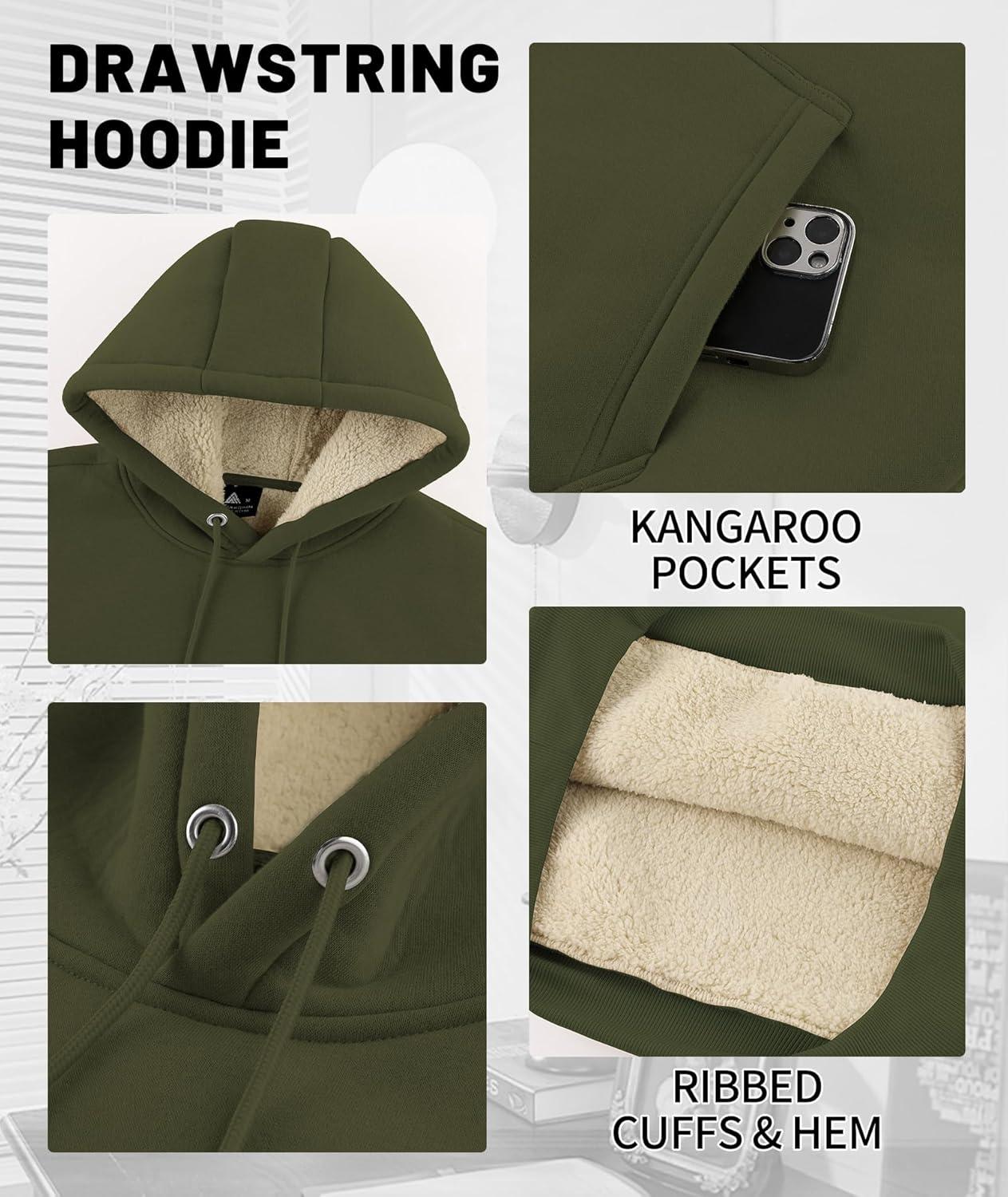 imageMens Sherpa Fleece Lined Hoodie Thick Pullover Hooded Winter Warm Casual Athletic Sweatshirt with Kangaroo PocketArmy Green