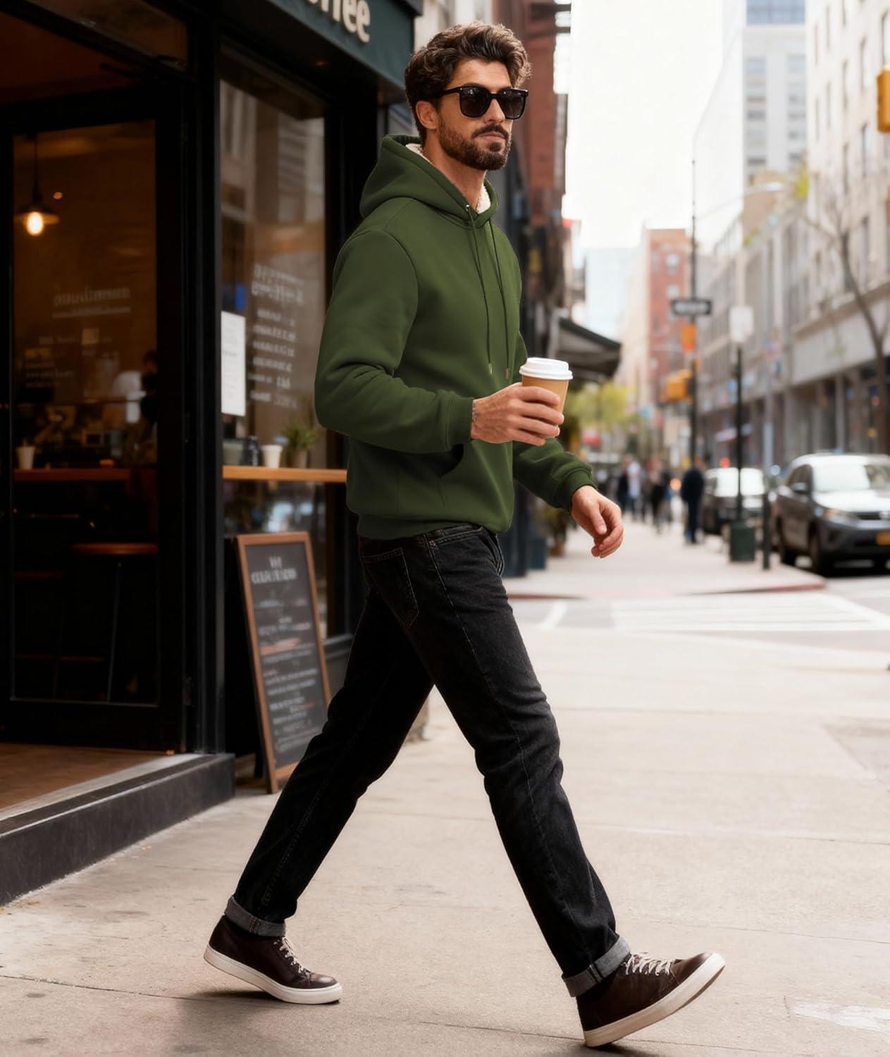 imageMens Sherpa Fleece Lined Hoodie Thick Pullover Hooded Winter Warm Casual Athletic Sweatshirt with Kangaroo PocketArmy Green