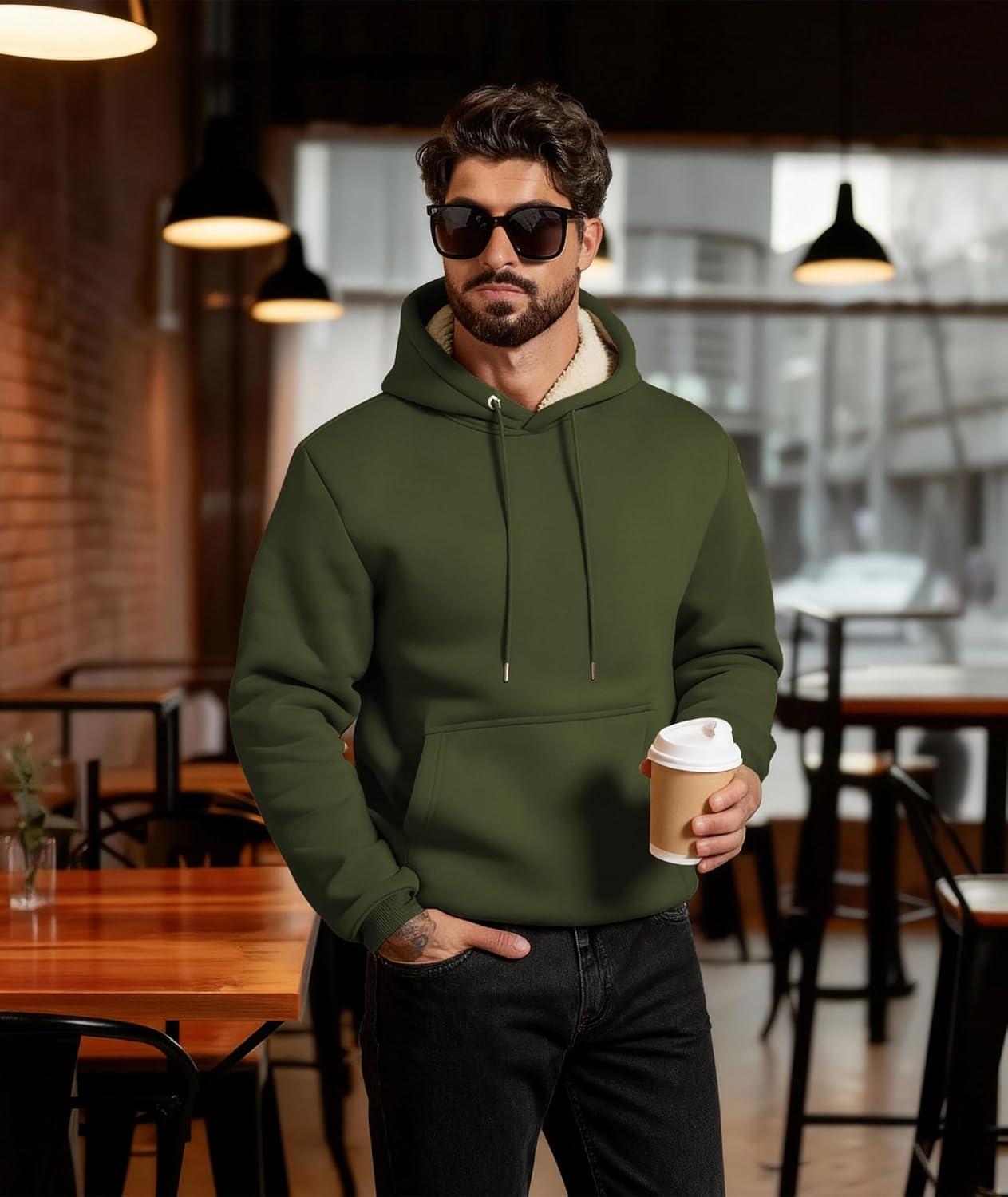 imageMens Sherpa Fleece Lined Hoodie Thick Pullover Hooded Winter Warm Casual Athletic Sweatshirt with Kangaroo PocketArmy Green