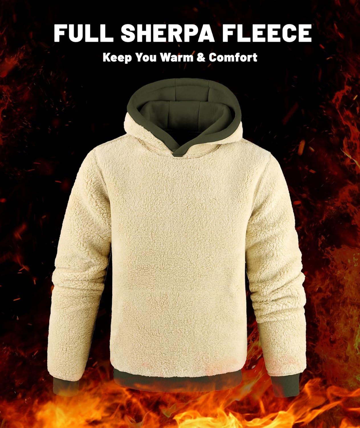 imageMens Sherpa Fleece Lined Hoodie Thick Pullover Hooded Winter Warm Casual Athletic Sweatshirt with Kangaroo PocketArmy Green