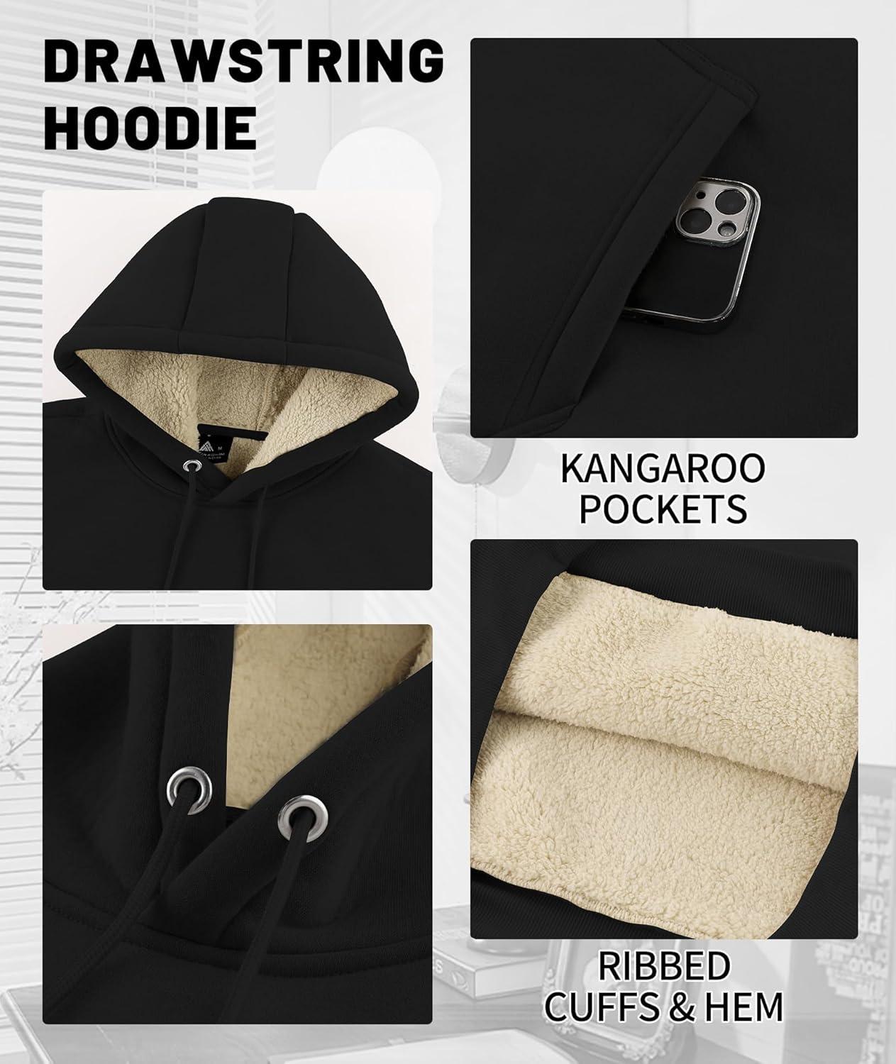 imageMens Sherpa Fleece Lined Hoodie Thick Pullover Hooded Winter Warm Casual Athletic Sweatshirt with Kangaroo PocketBlack