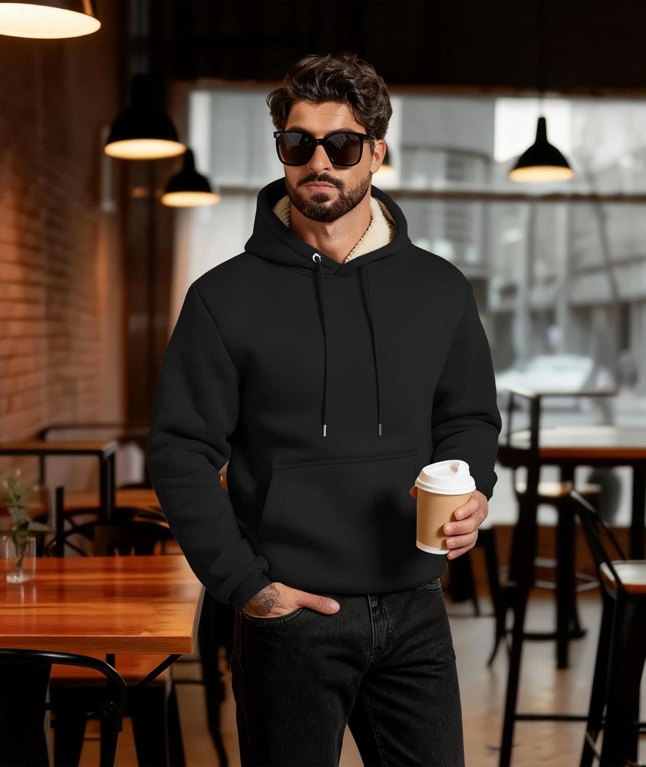 imageMens Sherpa Fleece Lined Hoodie Thick Pullover Hooded Winter Warm Casual Athletic Sweatshirt with Kangaroo PocketBlack