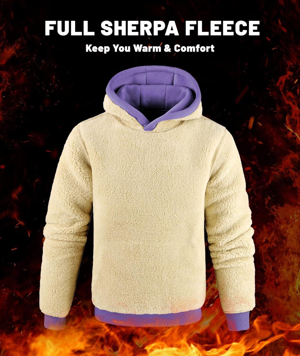 imageMens Sherpa Fleece Lined Hoodie Thick Pullover Hooded Winter Warm Casual Athletic Sweatshirt with Kangaroo PocketPurple
