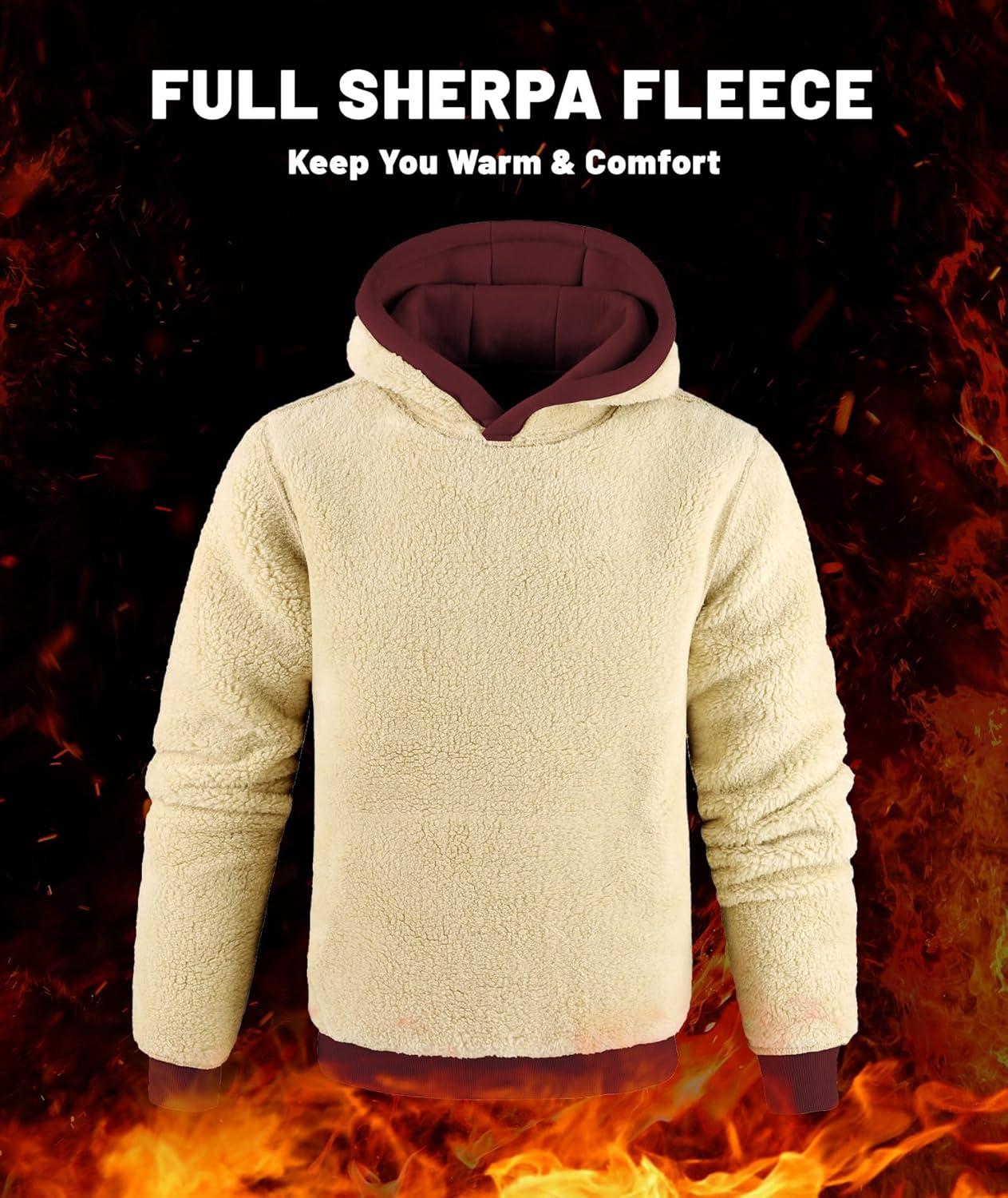 imageMens Sherpa Fleece Lined Hoodie Thick Pullover Hooded Winter Warm Casual Athletic Sweatshirt with Kangaroo PocketWine Red
