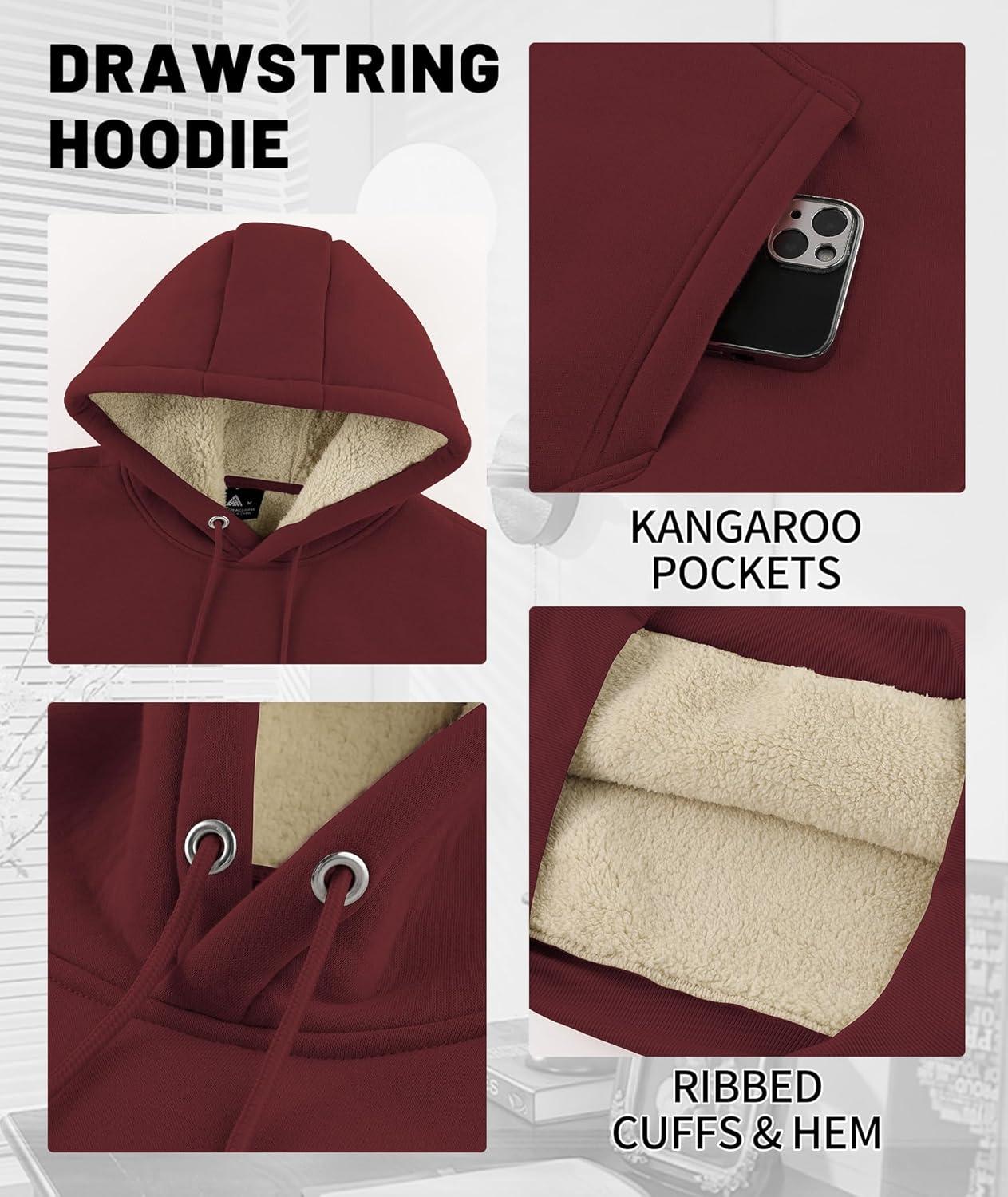 imageMens Sherpa Fleece Lined Hoodie Thick Pullover Hooded Winter Warm Casual Athletic Sweatshirt with Kangaroo PocketWine Red