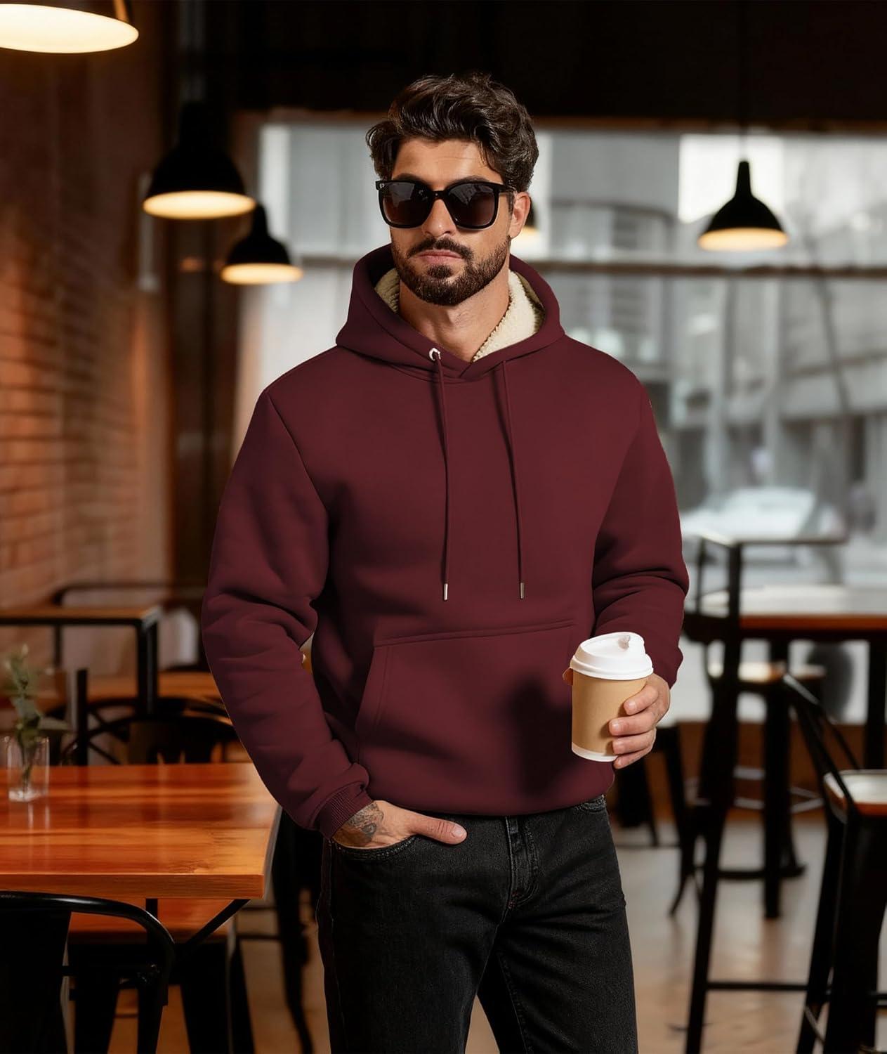 imageMens Sherpa Fleece Lined Hoodie Thick Pullover Hooded Winter Warm Casual Athletic Sweatshirt with Kangaroo PocketWine Red