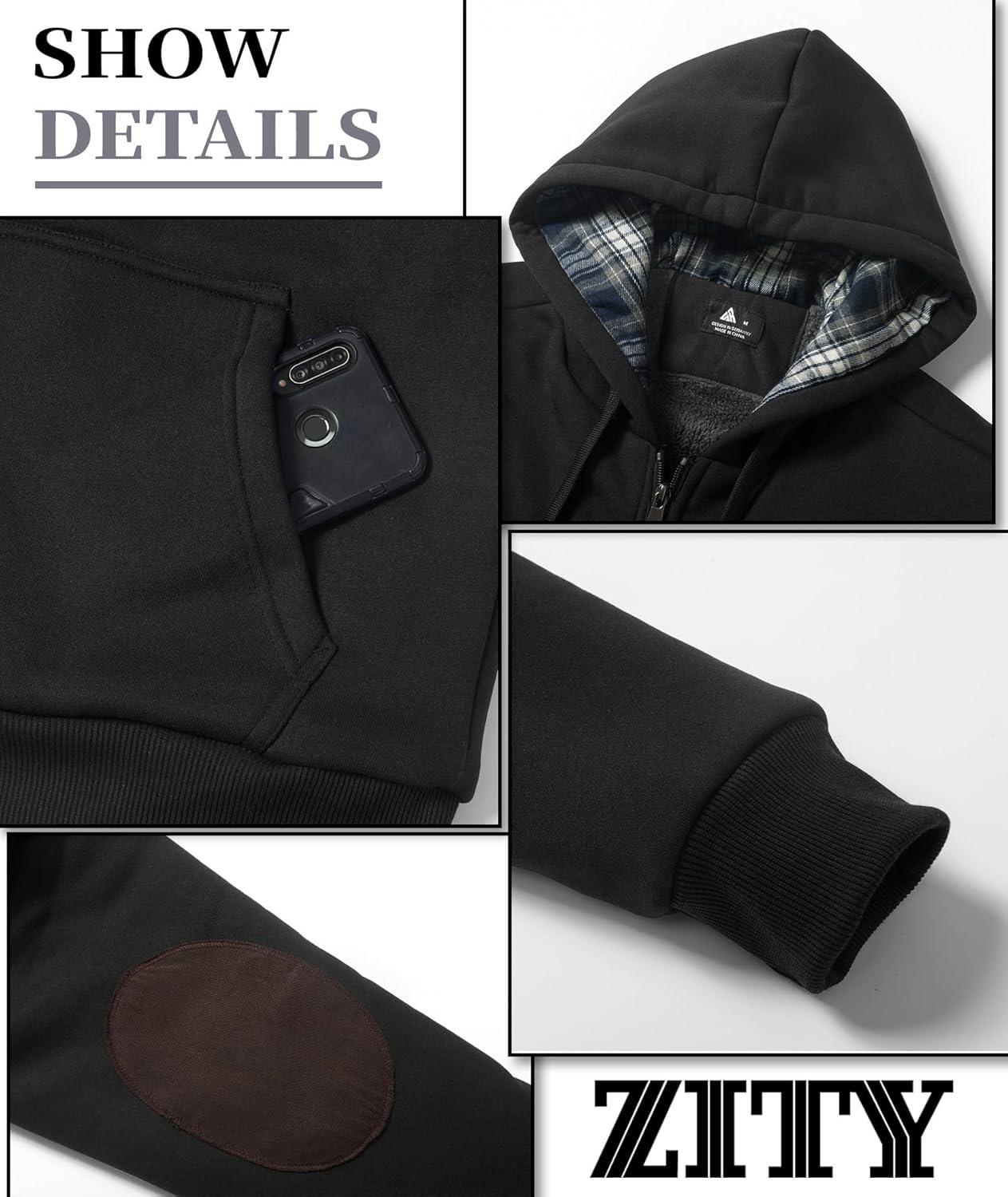 imageMens Sherpa Jacket Fleece Lined Zip Up Plaid Hood Heavyweight Sweatshirt Winter Warm Thick Coat with Elbow PatchesBlack
