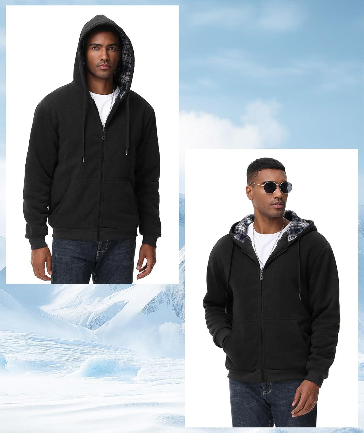 imageMens Sherpa Jacket Fleece Lined Zip Up Plaid Hood Heavyweight Sweatshirt Winter Warm Thick Coat with Elbow PatchesBlack