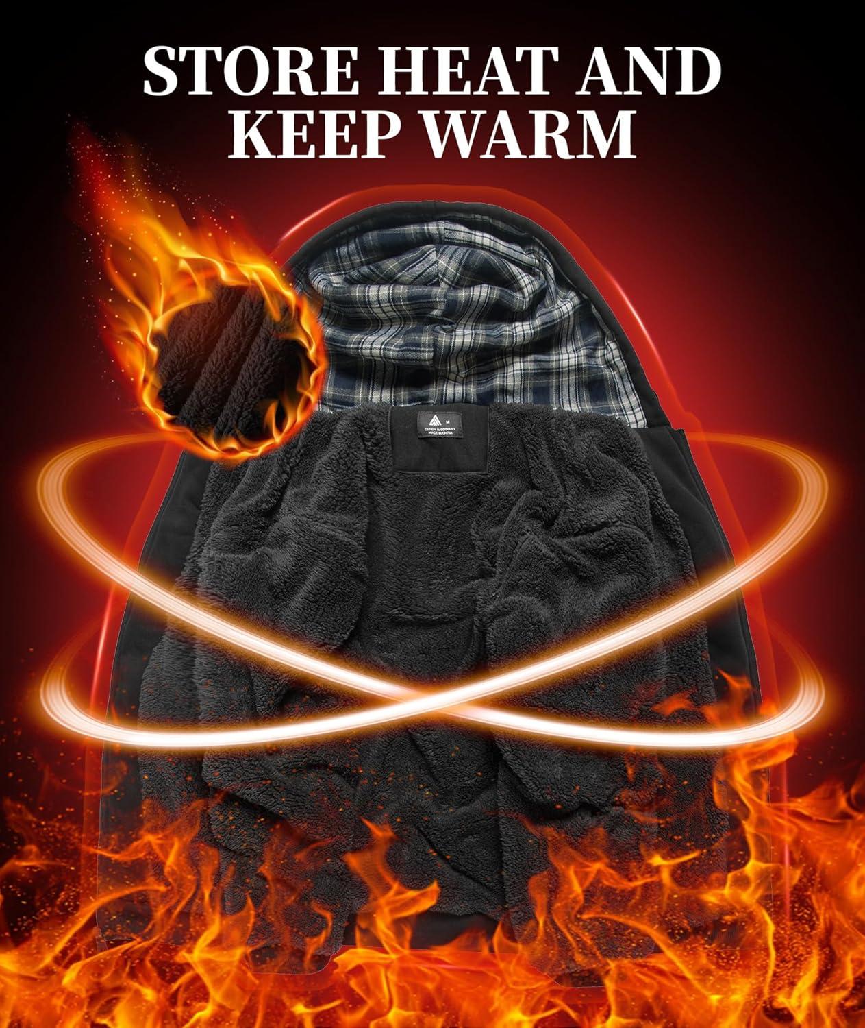 imageMens Sherpa Jacket Fleece Lined Zip Up Plaid Hood Heavyweight Sweatshirt Winter Warm Thick Coat with Elbow PatchesBlack